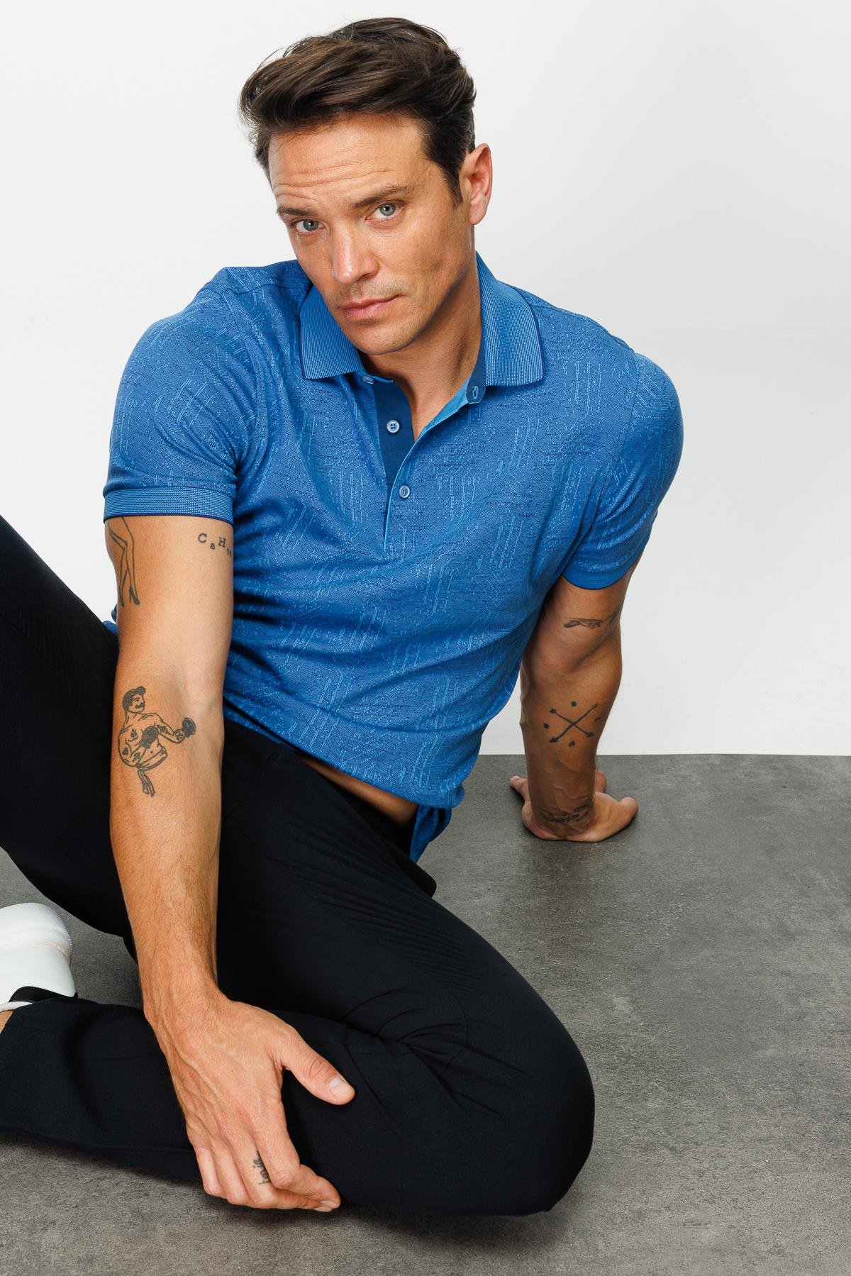 810Erkek Polo Yaka Jakarlı Kısa Kollu T-shirt Saks