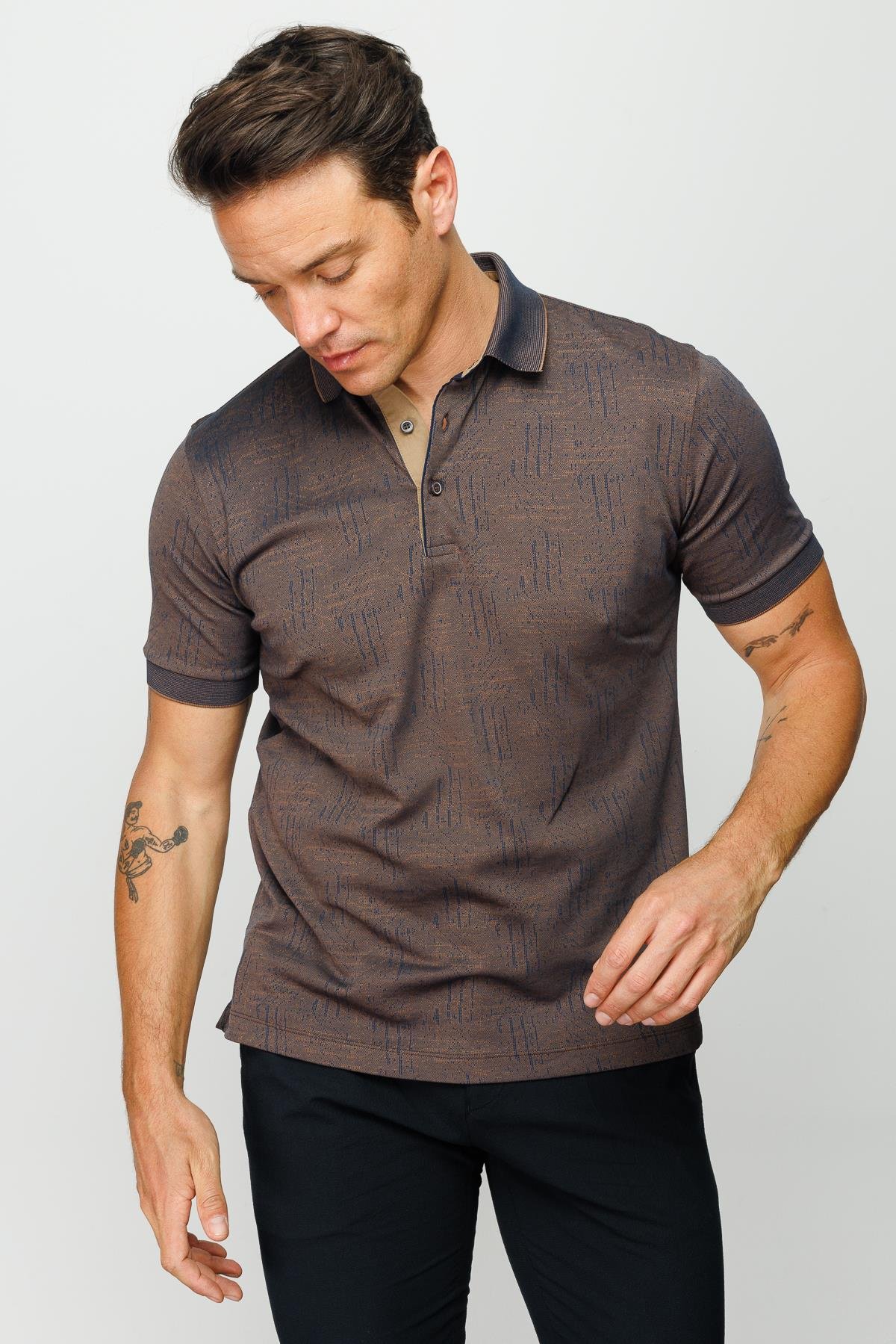 810Erkek Polo Yaka Jakarlı Kısa Kollu T-shirt Kahve