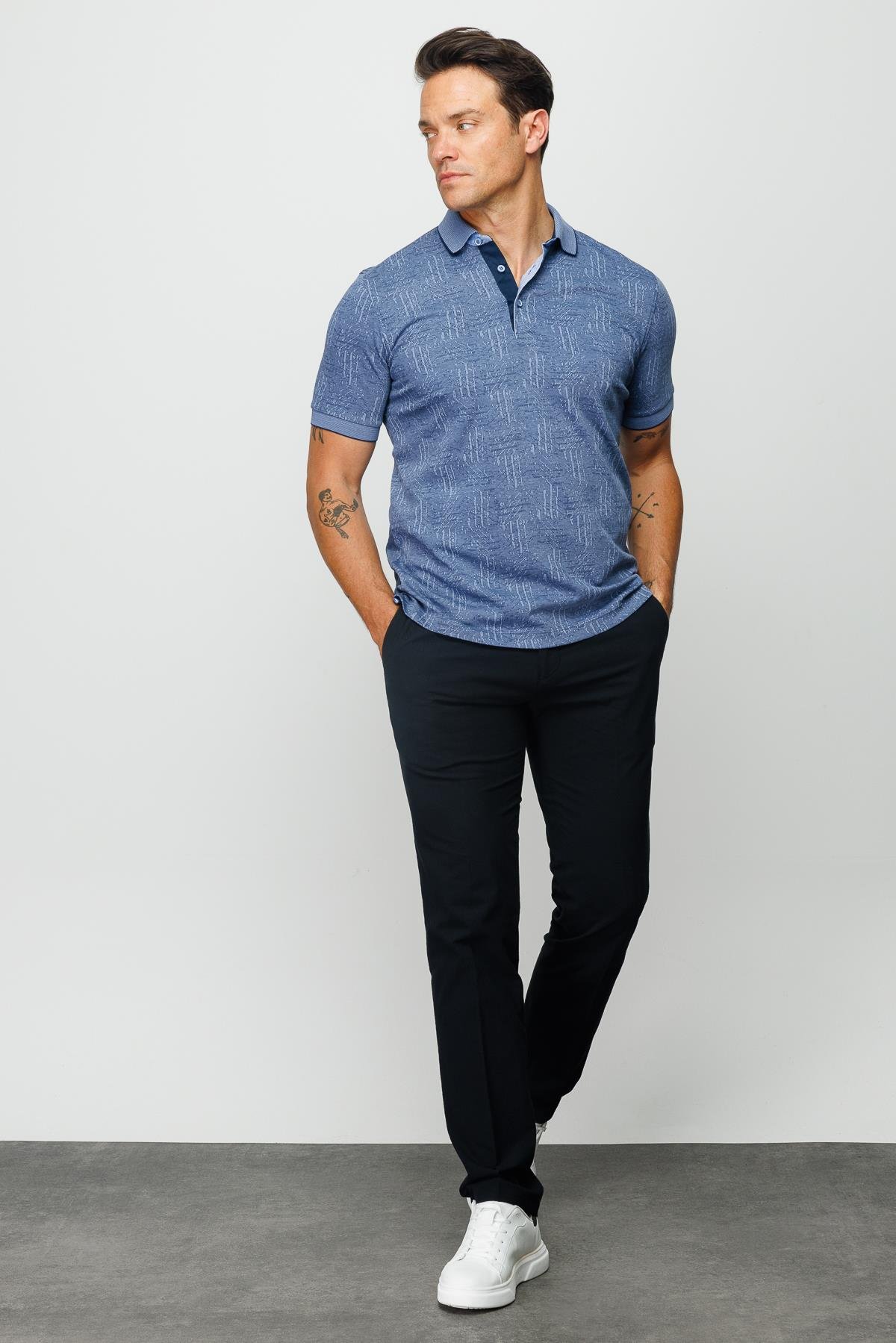 810Erkek Polo Yaka Jakarlı Kısa Kollu T-shirt Lacivert