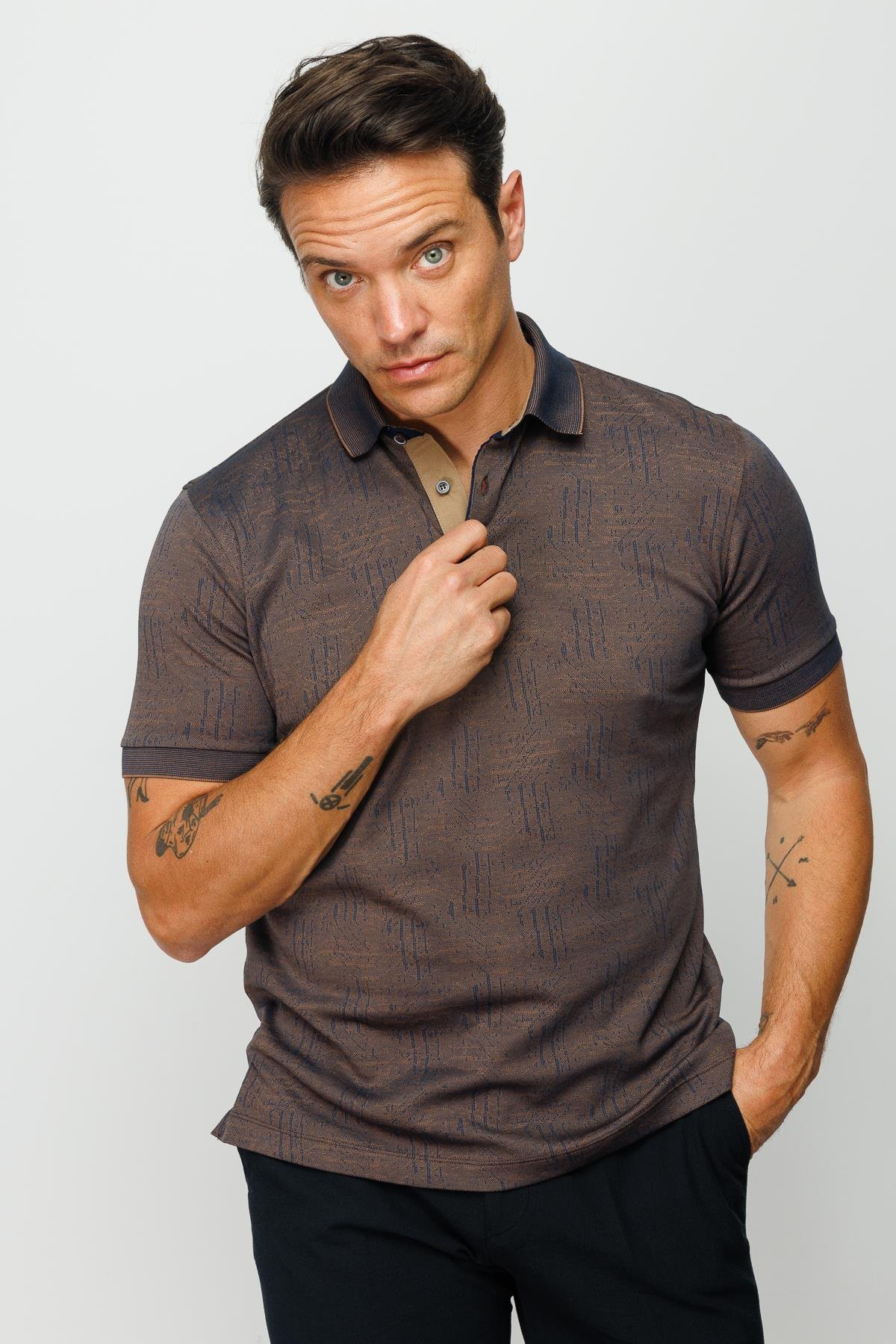 810Erkek Polo Yaka Jakarlı Kısa Kollu T-shirt Kahve