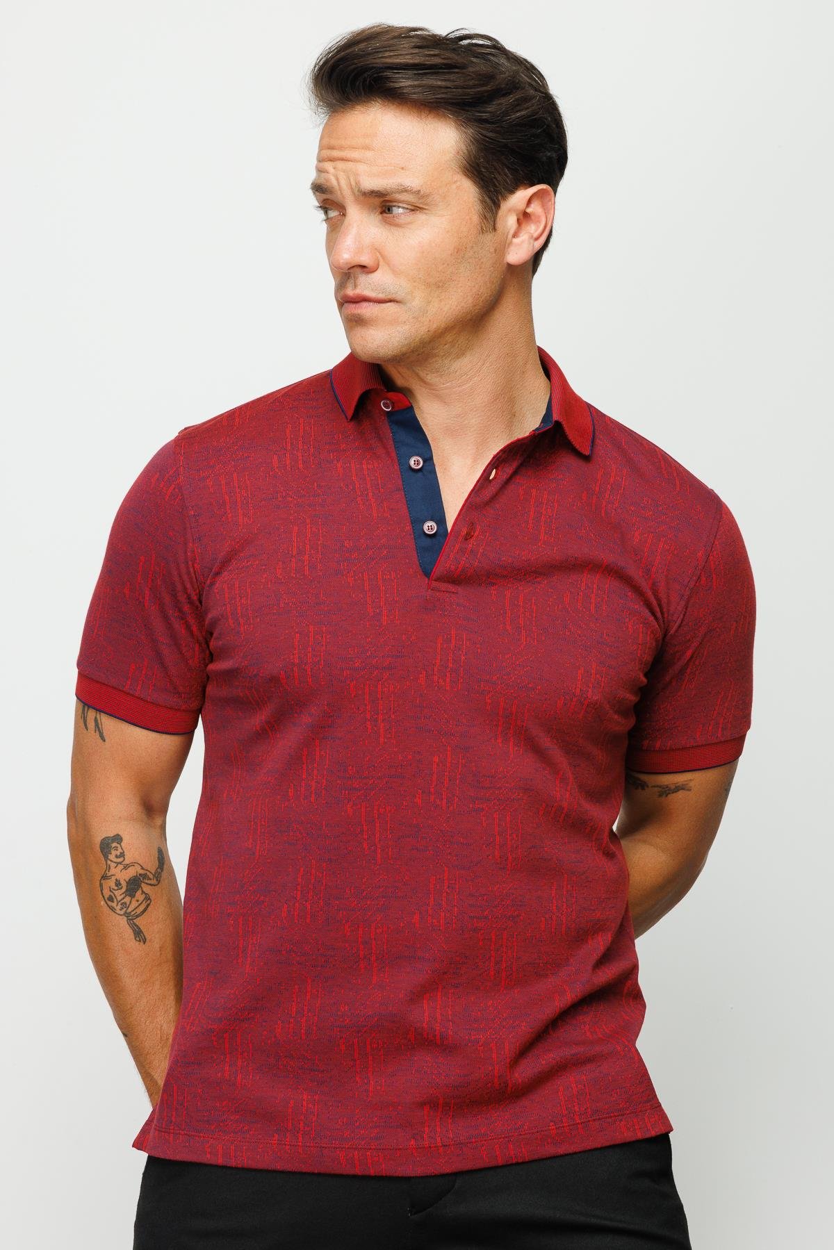 810Erkek Polo Yaka Jakarlı Kısa Kollu T-shirt Bordo