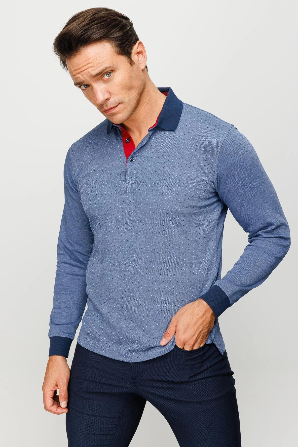 715Erkek Polo Yaka Jakarlı Minik Desenli Sweatshirt Saks