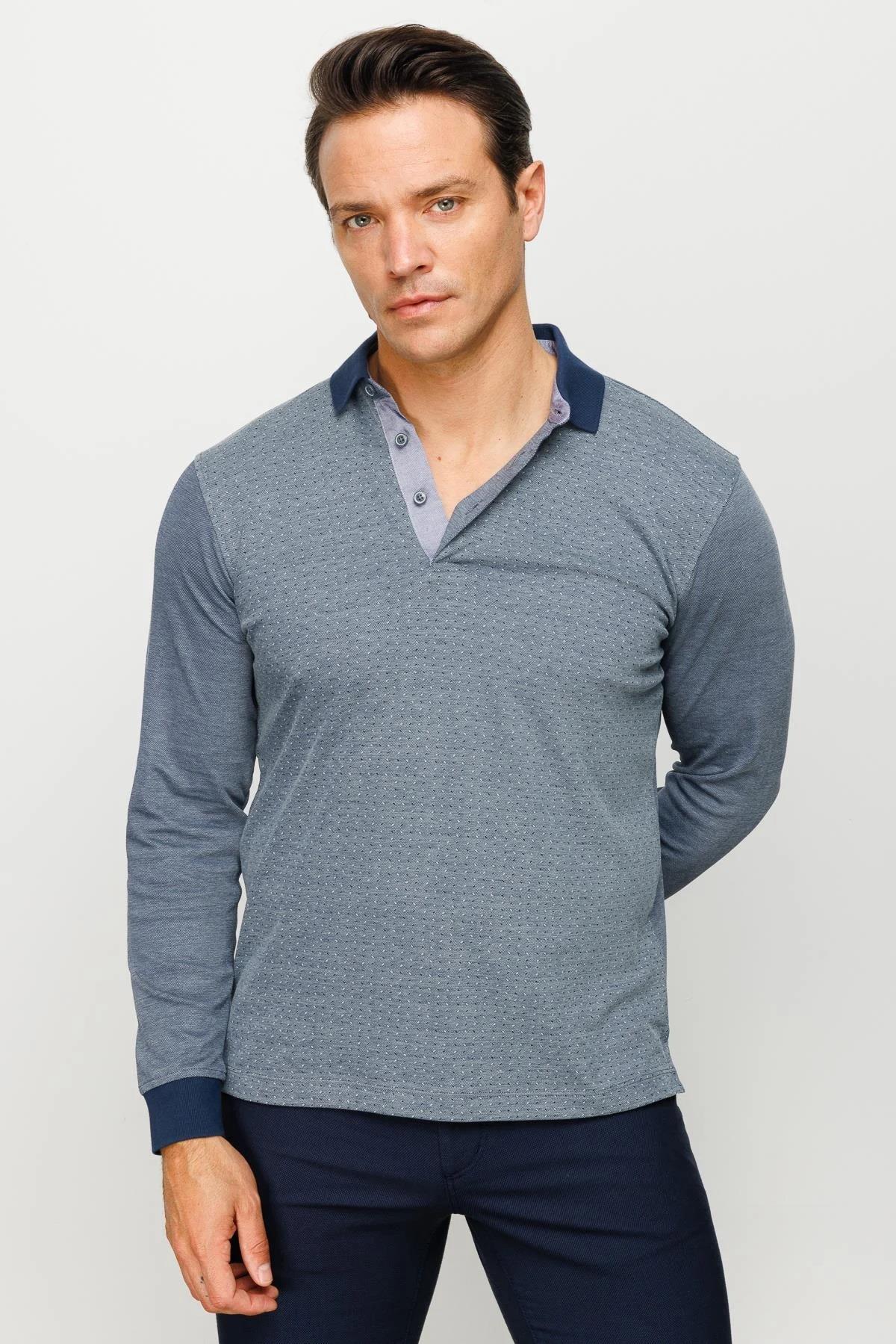 715Erkek Polo Yaka Jakarlı Minik Desenli Sweatshirt Füme