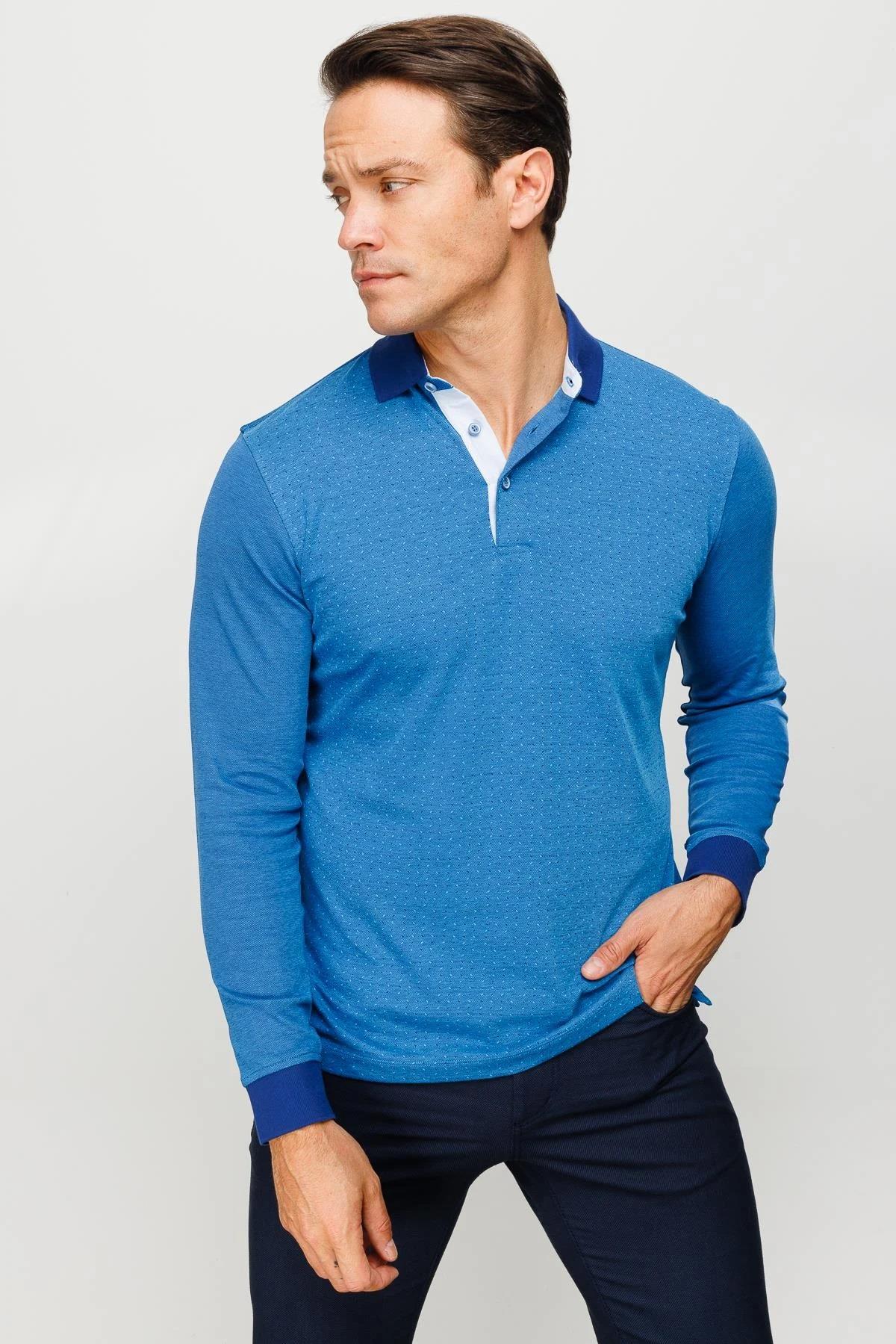 715Erkek Polo Yaka Jakarlı Minik Desenli Sweatshirt Lacivert