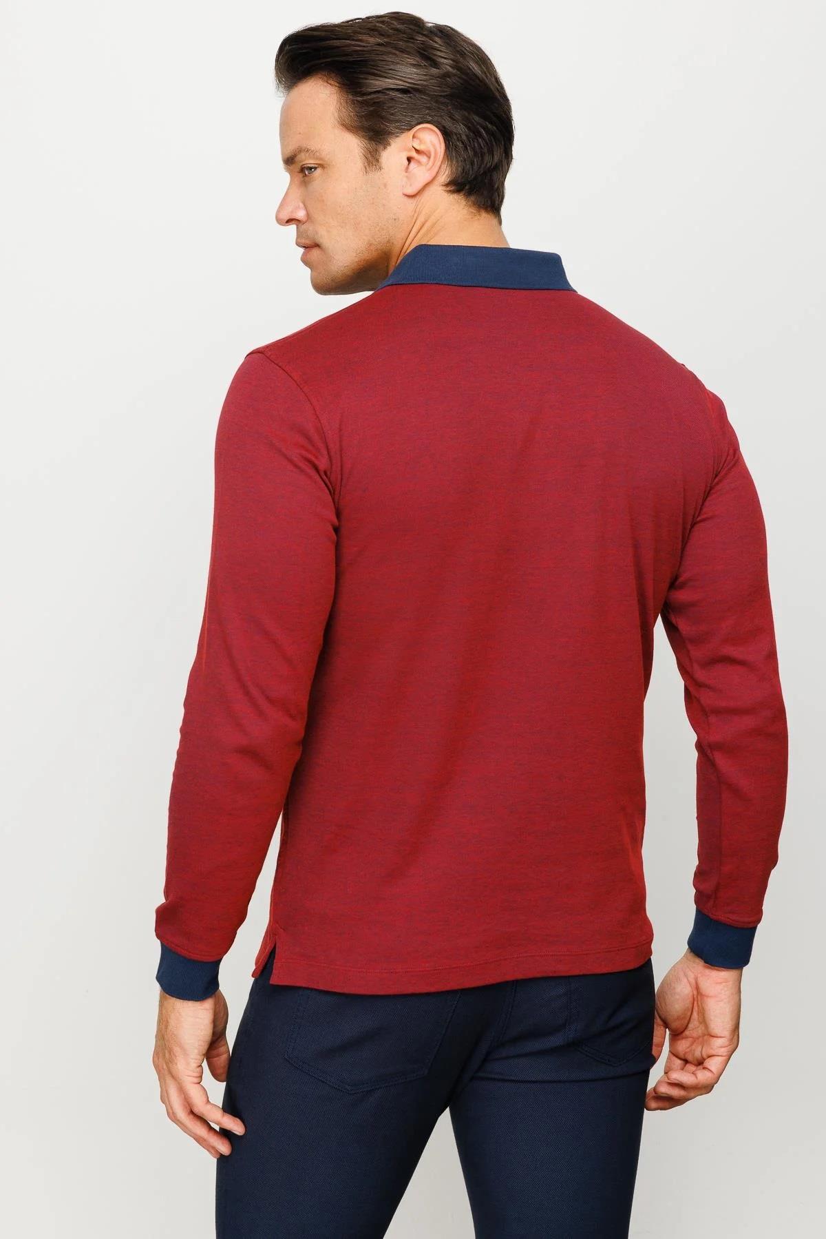 715Erkek Polo Yaka Jakarlı Minik Desenli Sweatshirt Bordo