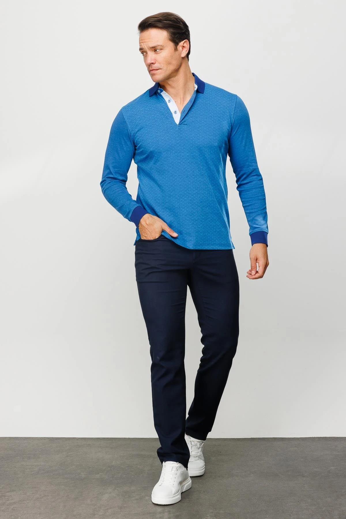 715Erkek Polo Yaka Jakarlı Minik Desenli Sweatshirt Lacivert