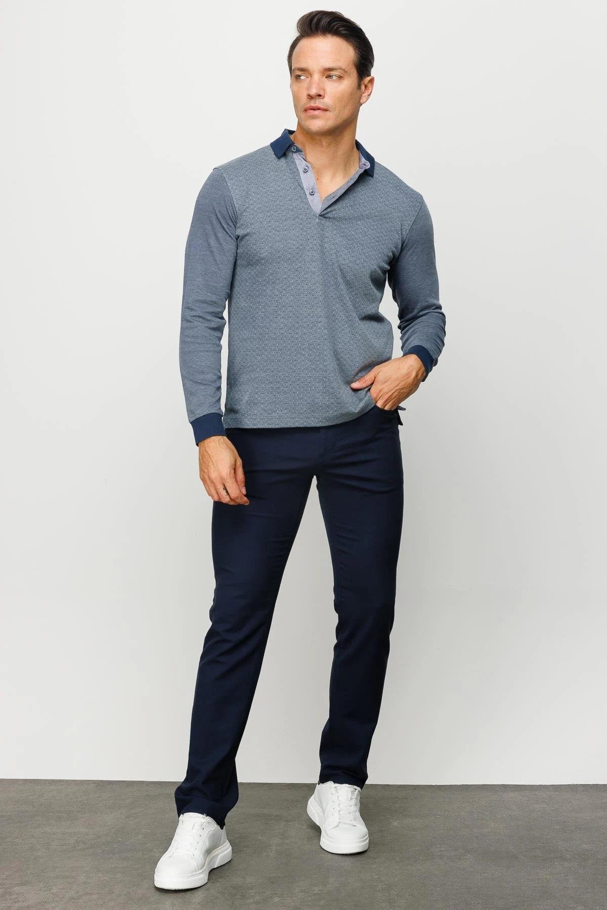 715Erkek Polo Yaka Jakarlı Minik Desenli Sweatshirt Füme