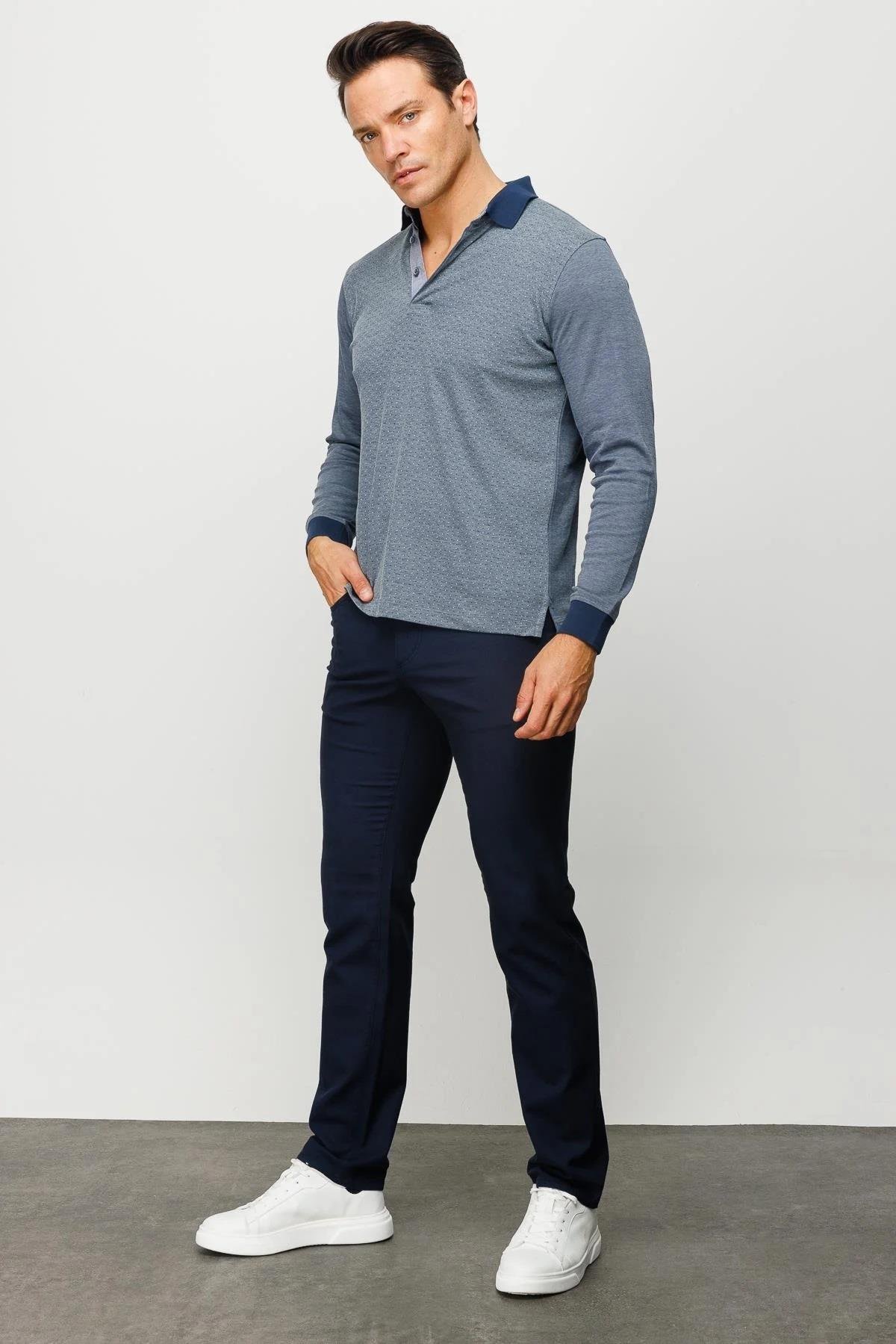 715Erkek Polo Yaka Jakarlı Minik Desenli Sweatshirt Füme