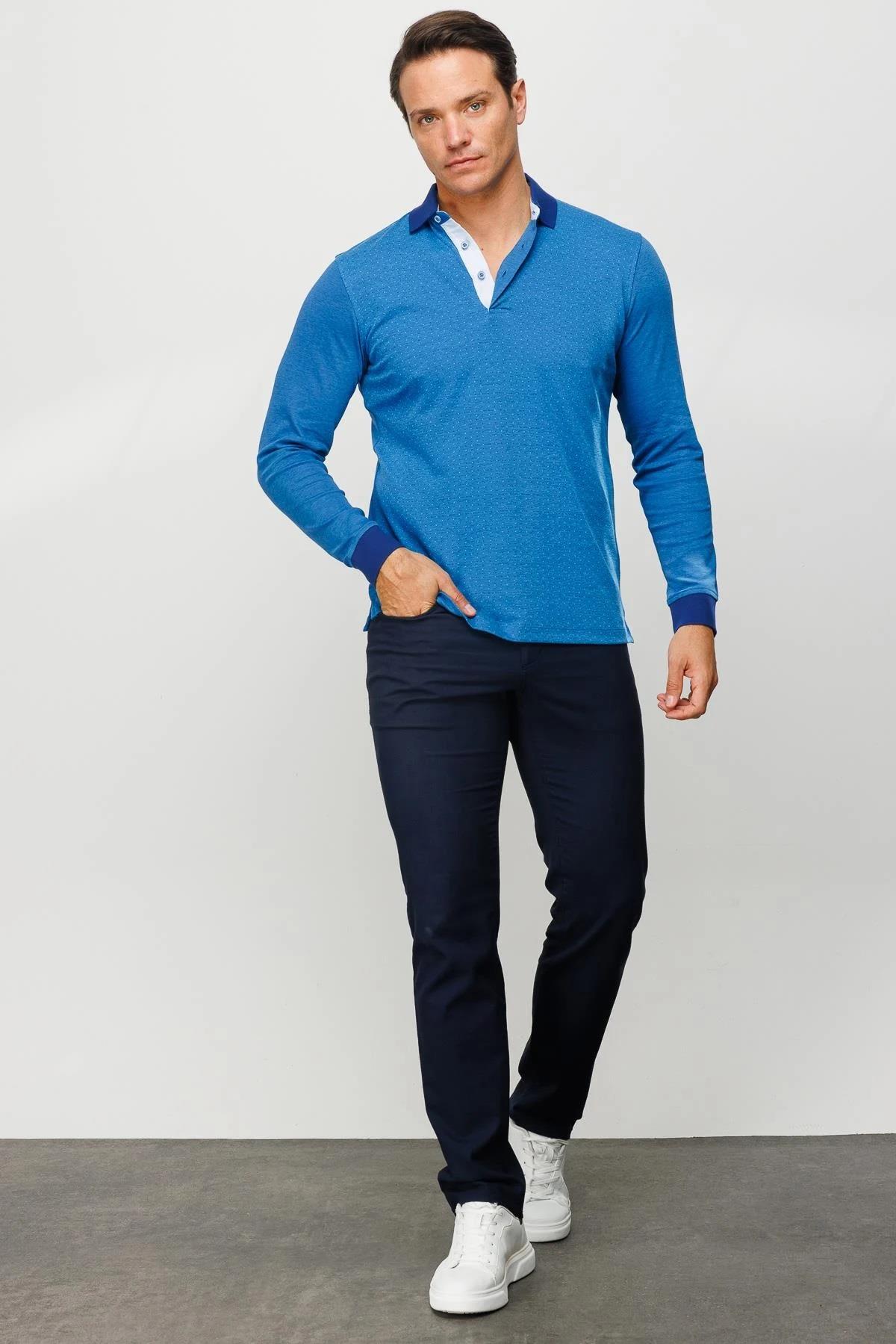 715Erkek Polo Yaka Jakarlı Minik Desenli Sweatshirt Lacivert