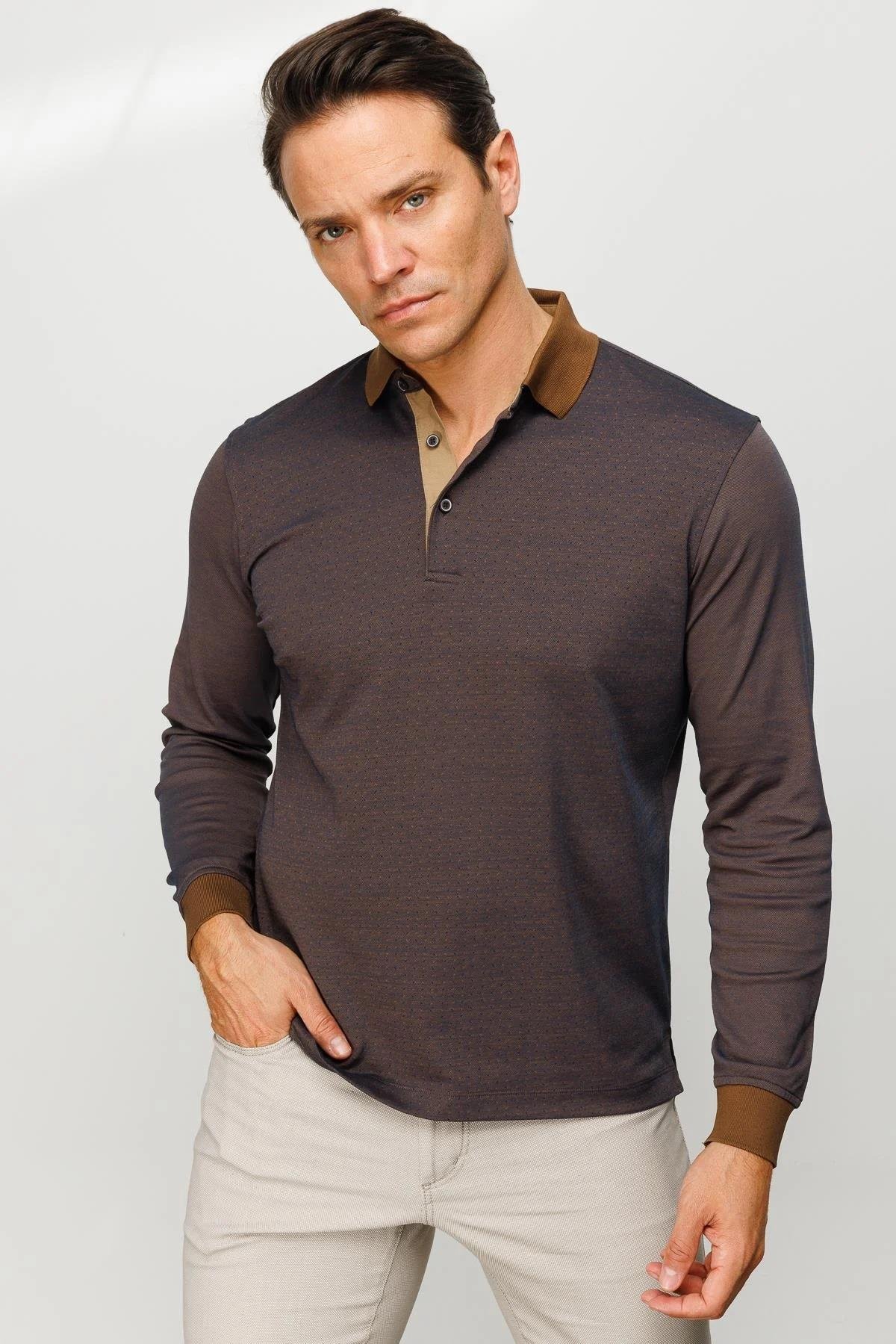 715Erkek Polo Yaka Jakarlı Minik Desenli Sweatshirt Kahve