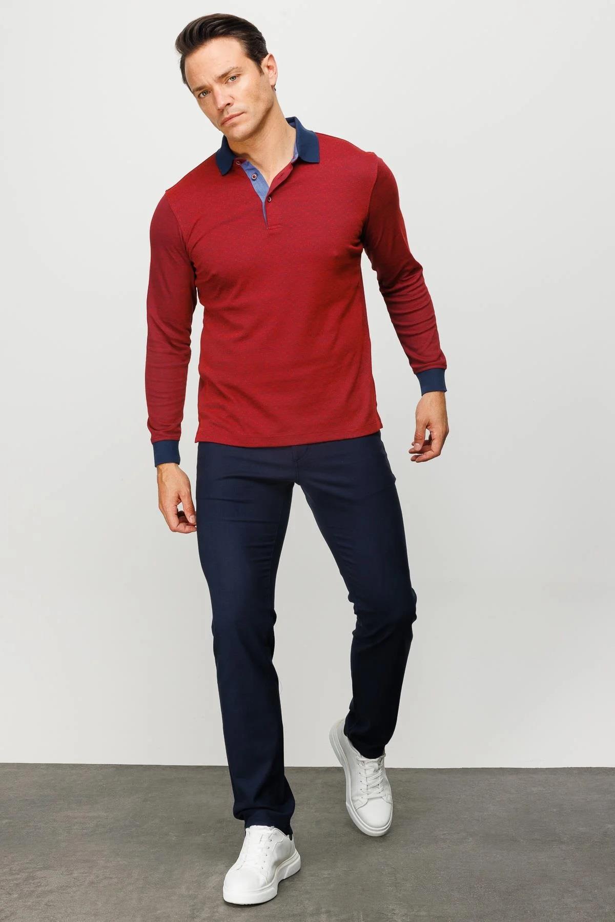 715Erkek Polo Yaka Jakarlı Minik Desenli Sweatshirt Bordo
