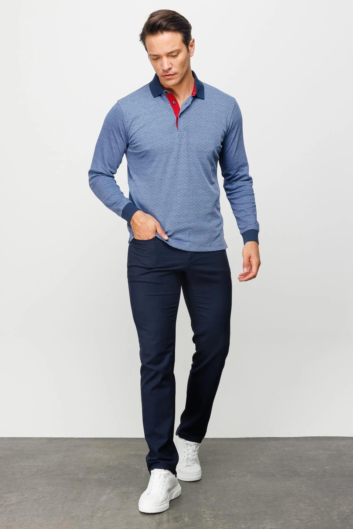 715Erkek Polo Yaka Jakarlı Minik Desenli Sweatshirt Saks