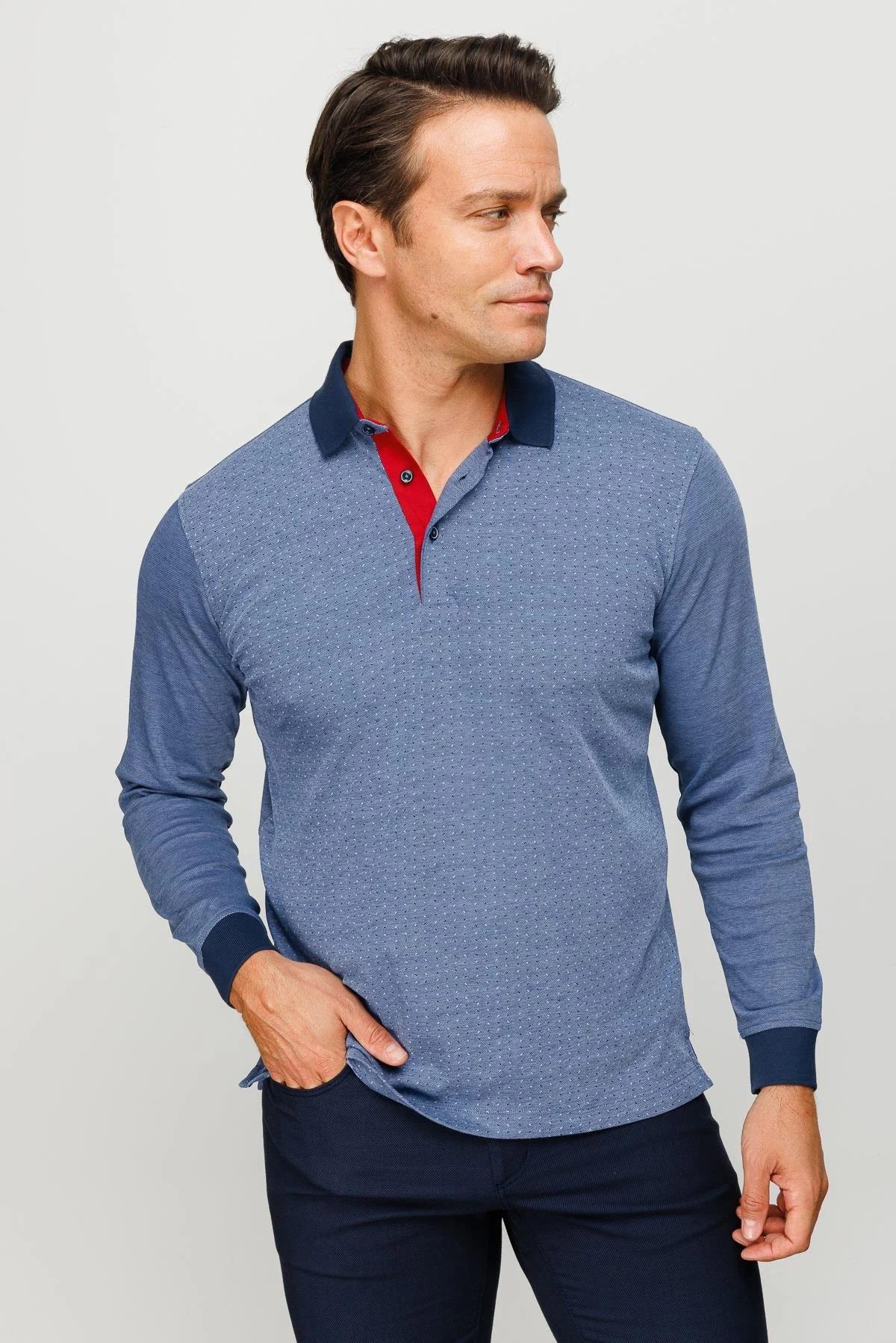 715Erkek Polo Yaka Jakarlı Minik Desenli Sweatshirt Saks