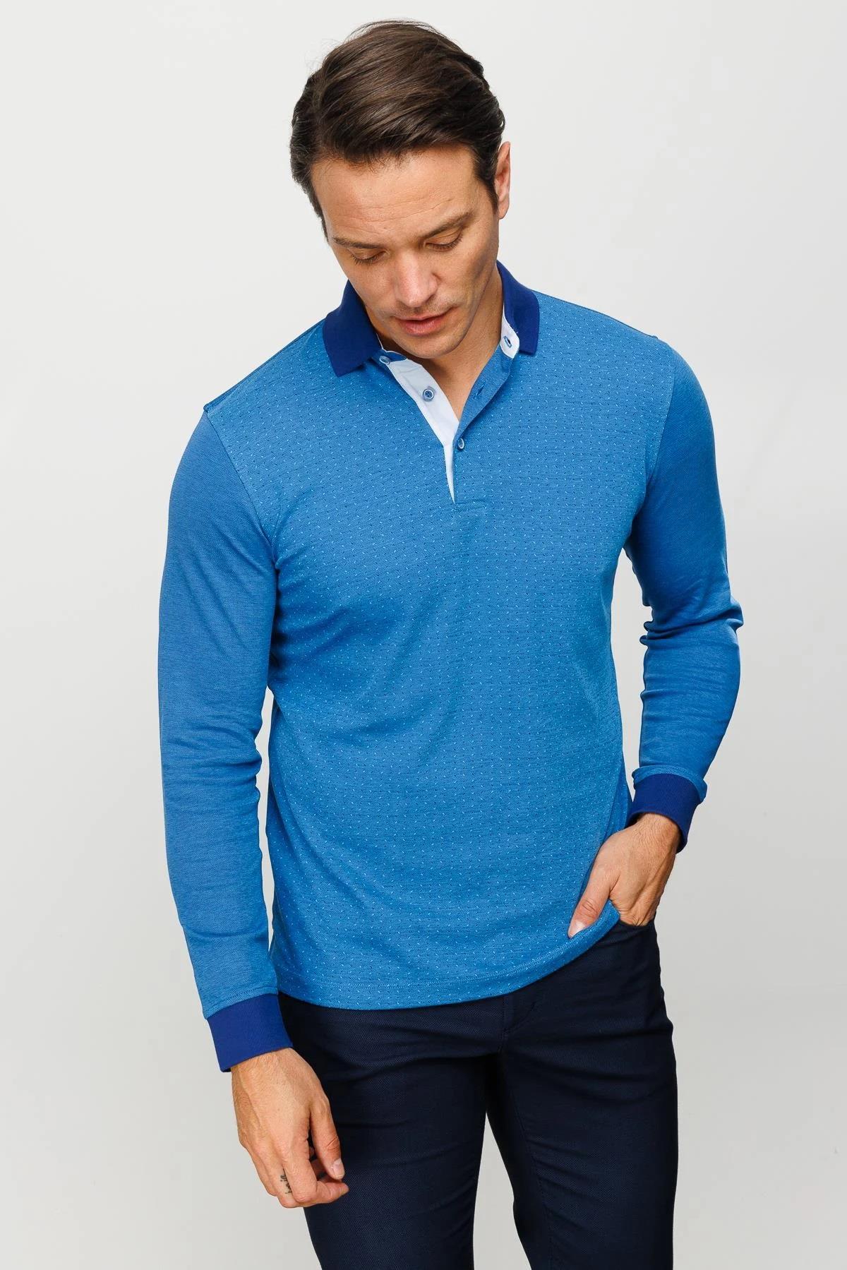 715Erkek Polo Yaka Jakarlı Minik Desenli Sweatshirt Lacivert