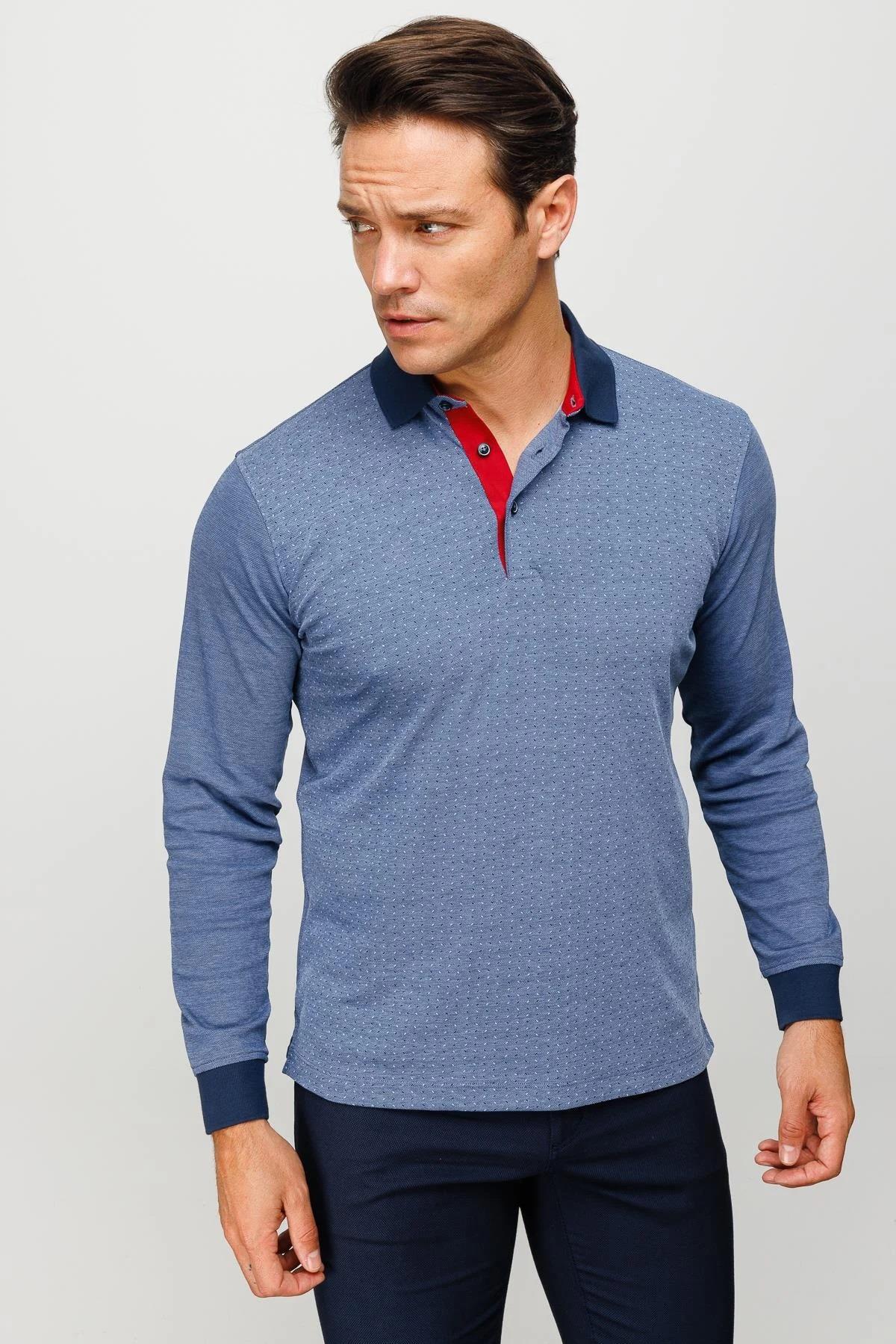 715Erkek Polo Yaka Jakarlı Minik Desenli Sweatshirt Saks