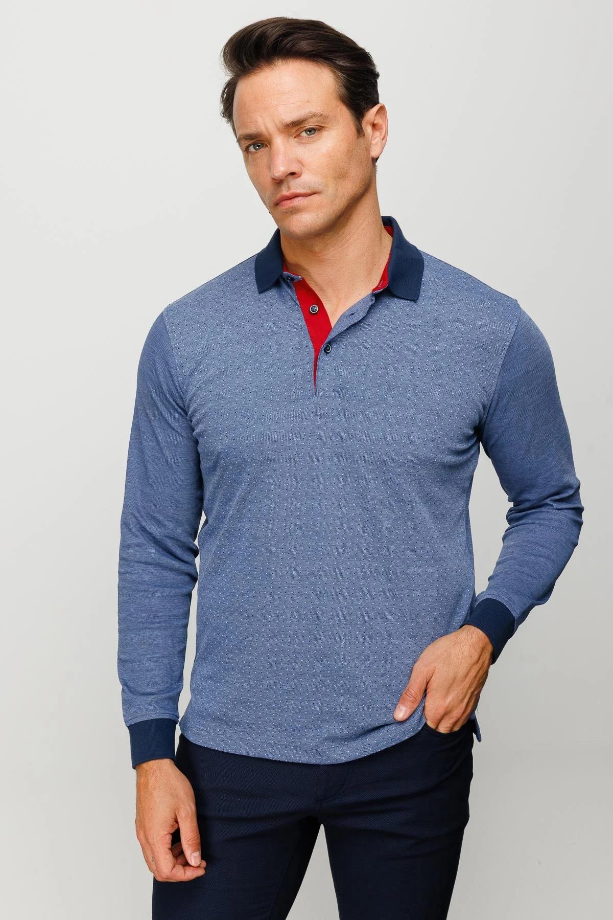 715Erkek Polo Yaka Jakarlı Minik Desenli Sweatshirt Saks