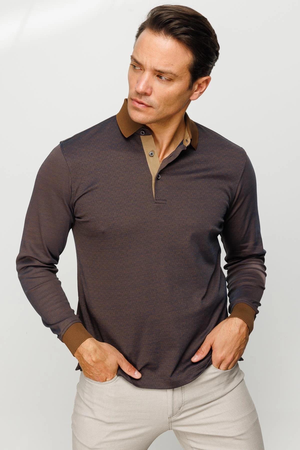 715Erkek Polo Yaka Jakarlı Minik Desenli Sweatshirt Kahve