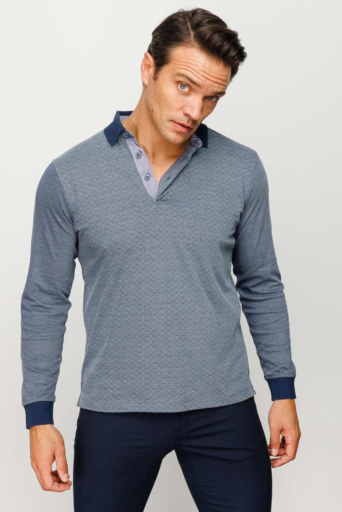 715Erkek Polo Yaka Jakarlı Minik Desenli Sweatshirt Füme