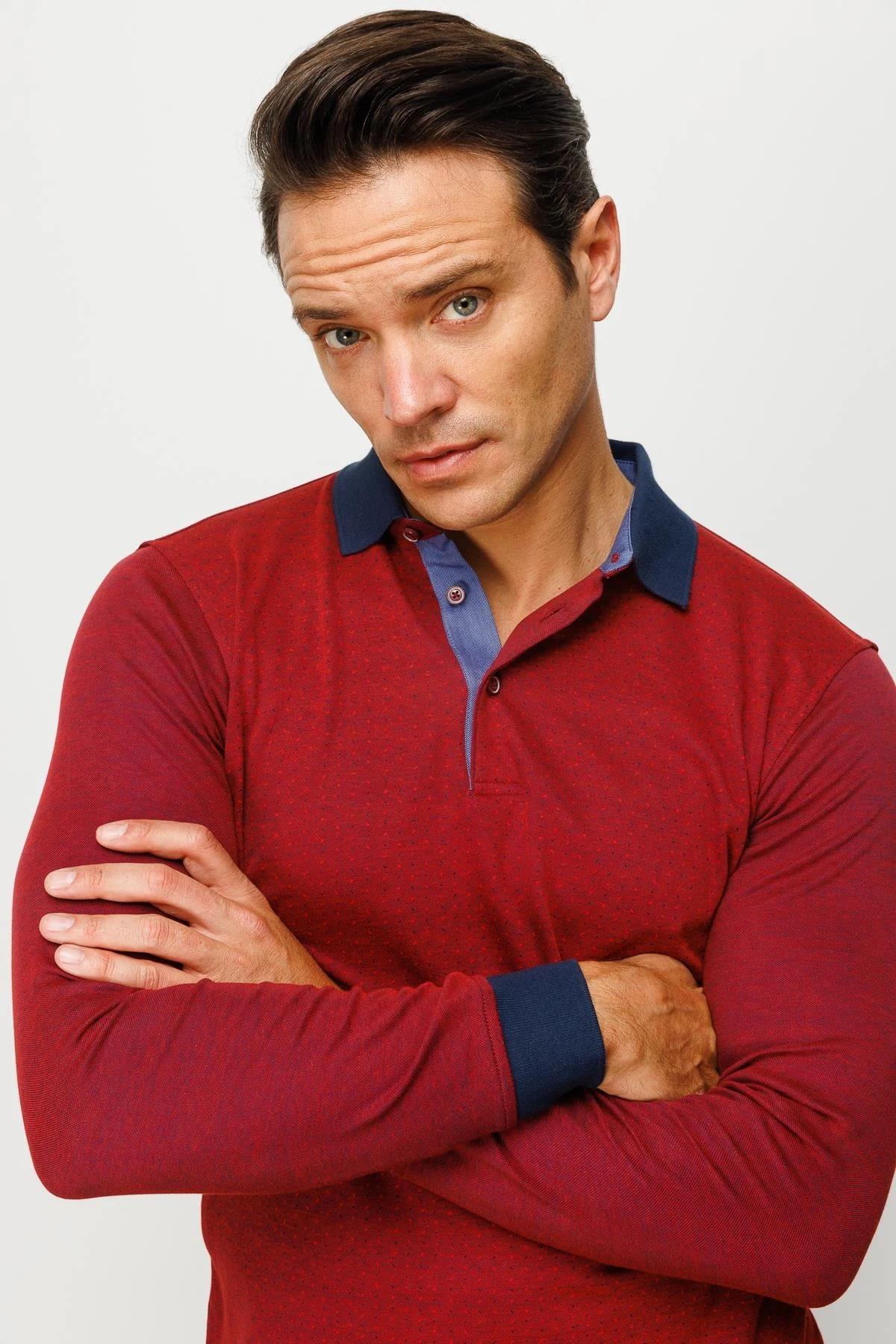 715Erkek Polo Yaka Jakarlı Minik Desenli Sweatshirt Bordo