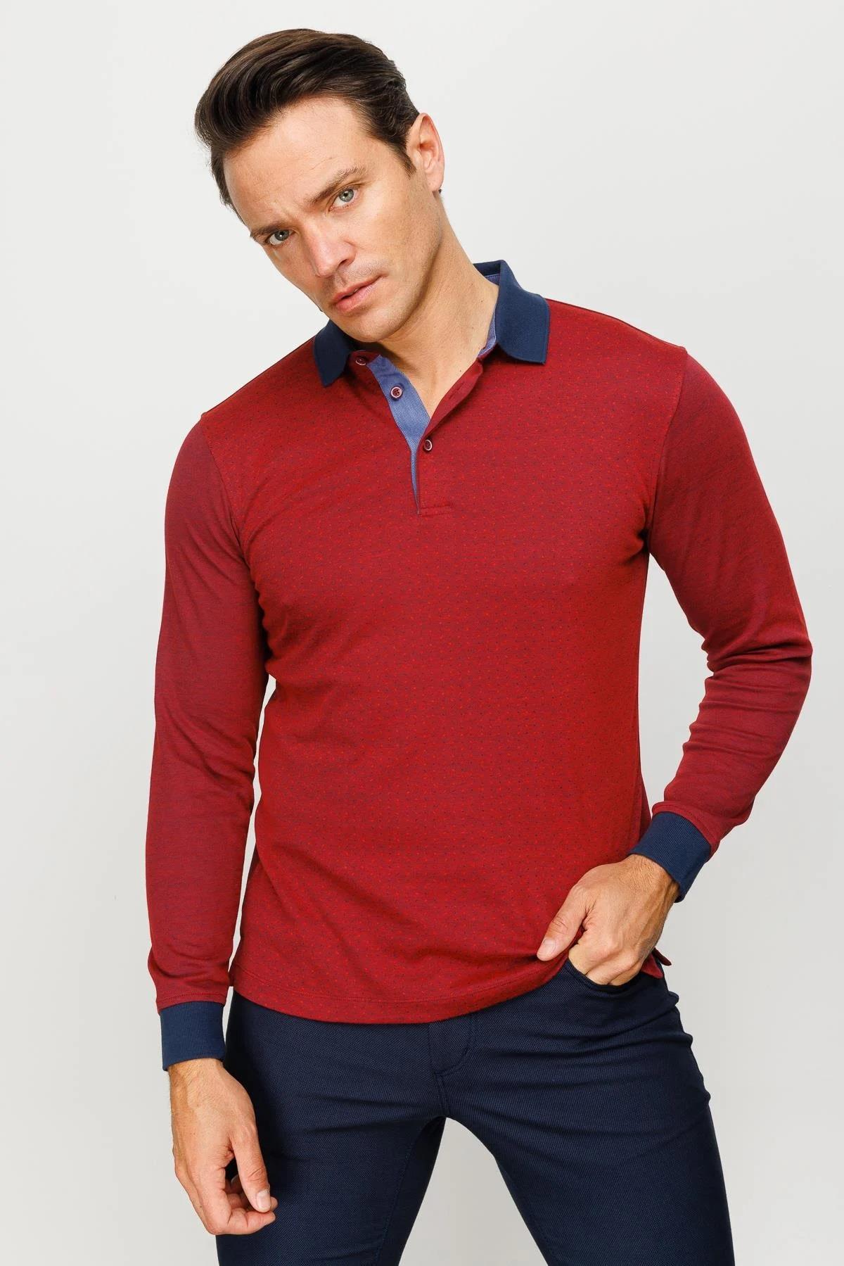 715Erkek Polo Yaka Jakarlı Minik Desenli Sweatshirt Bordo