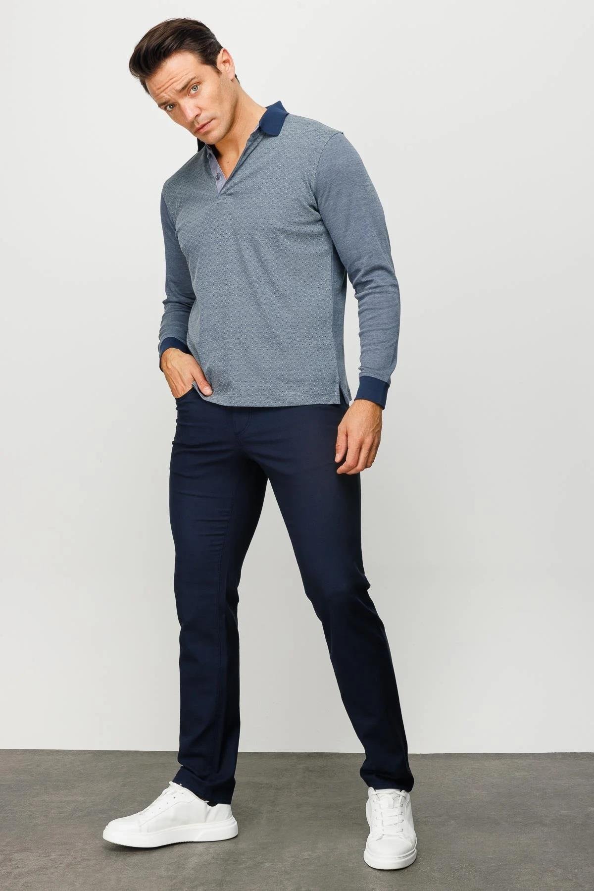 715Erkek Polo Yaka Jakarlı Minik Desenli Sweatshirt Füme