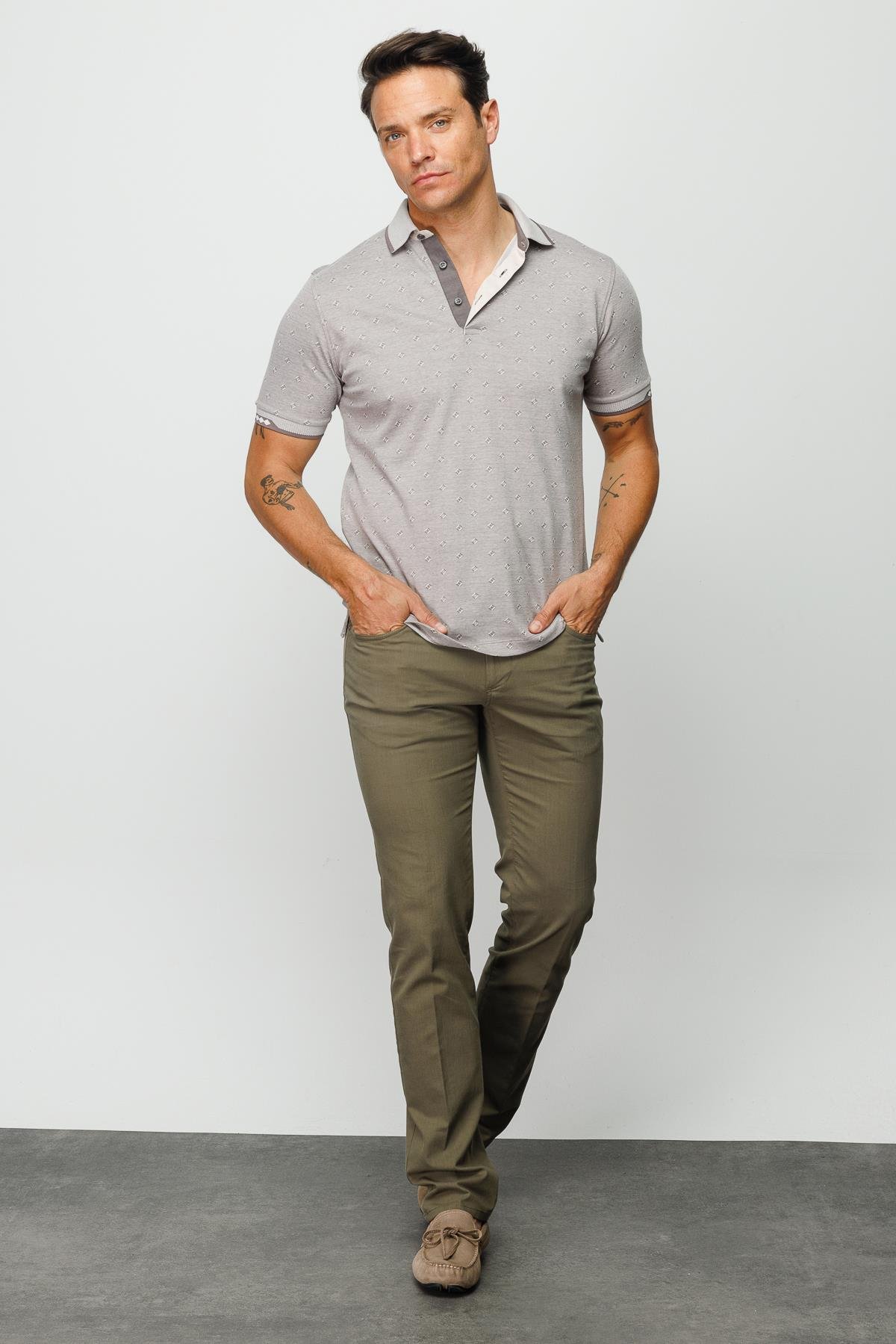 801Erkek Polo Yaka Jakarlı T-shirt Bej