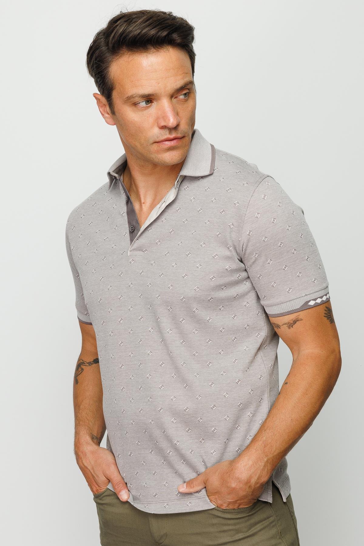 801Erkek Polo Yaka Jakarlı T-shirt Bej
