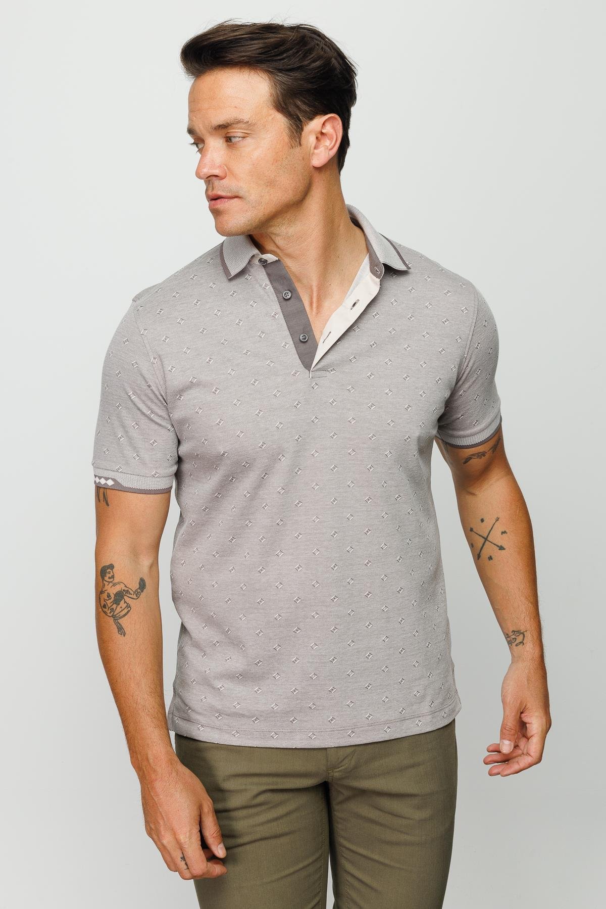 801Erkek Polo Yaka Jakarlı T-shirt Bej