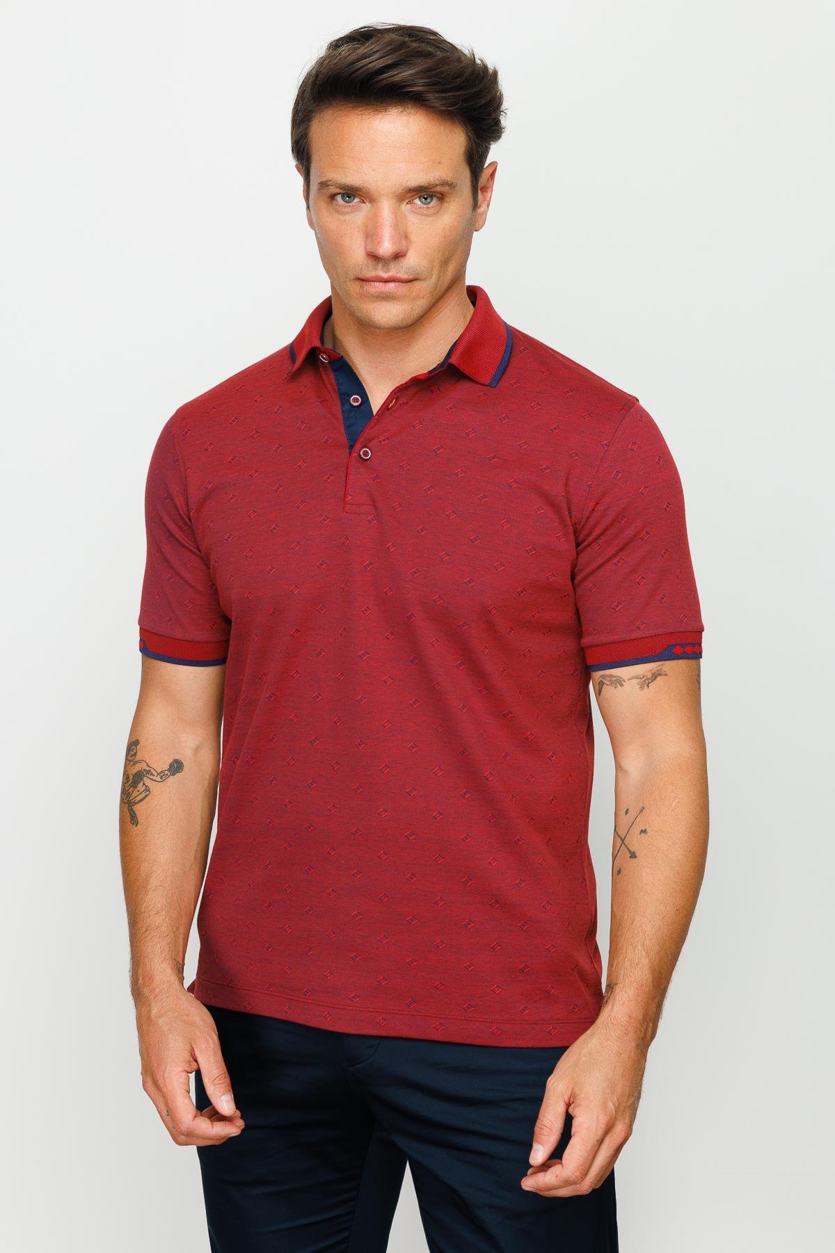 801Erkek Polo Yaka Jakarlı T-shirt Bordo