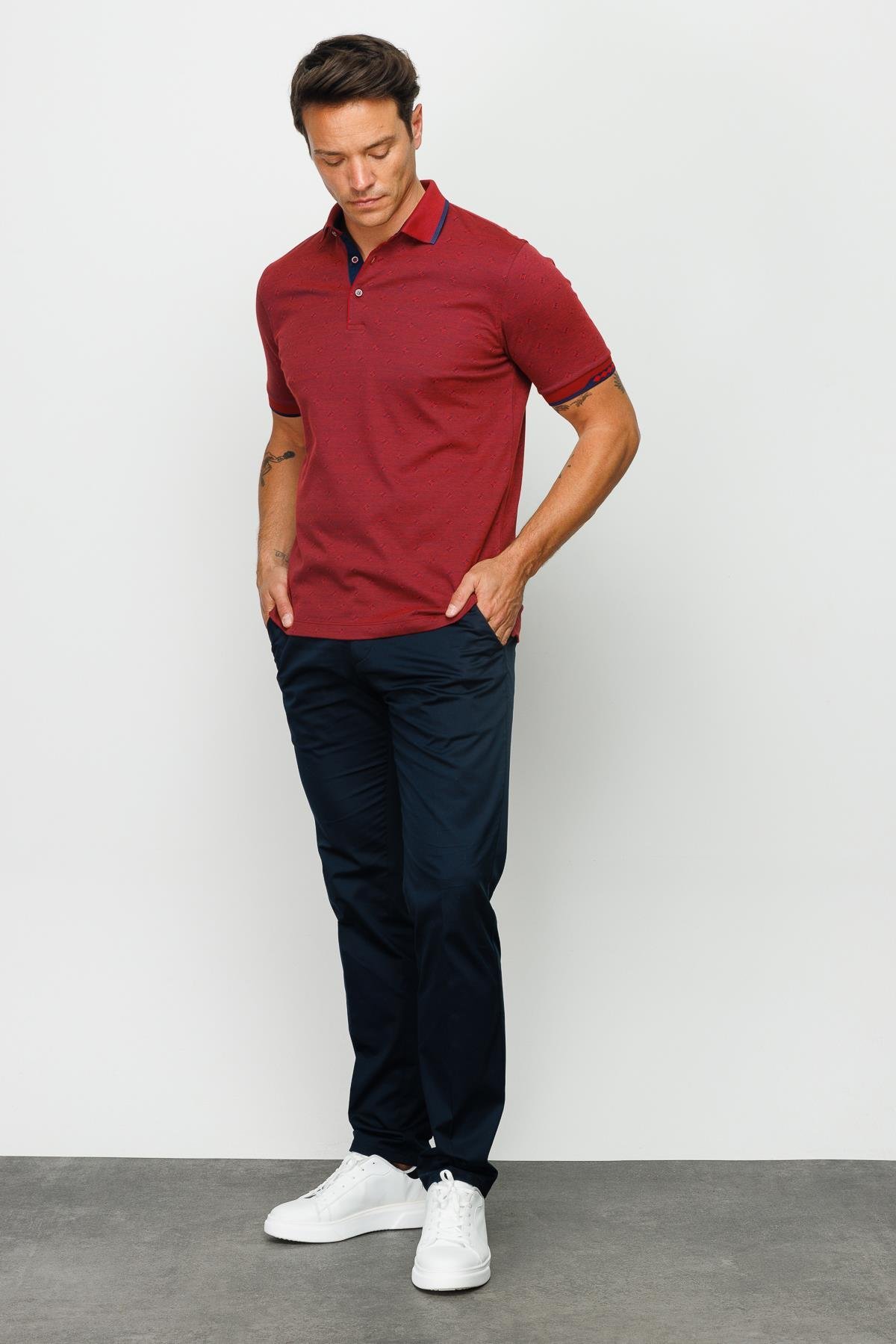 801Erkek Polo Yaka Jakarlı T-shirt Bordo