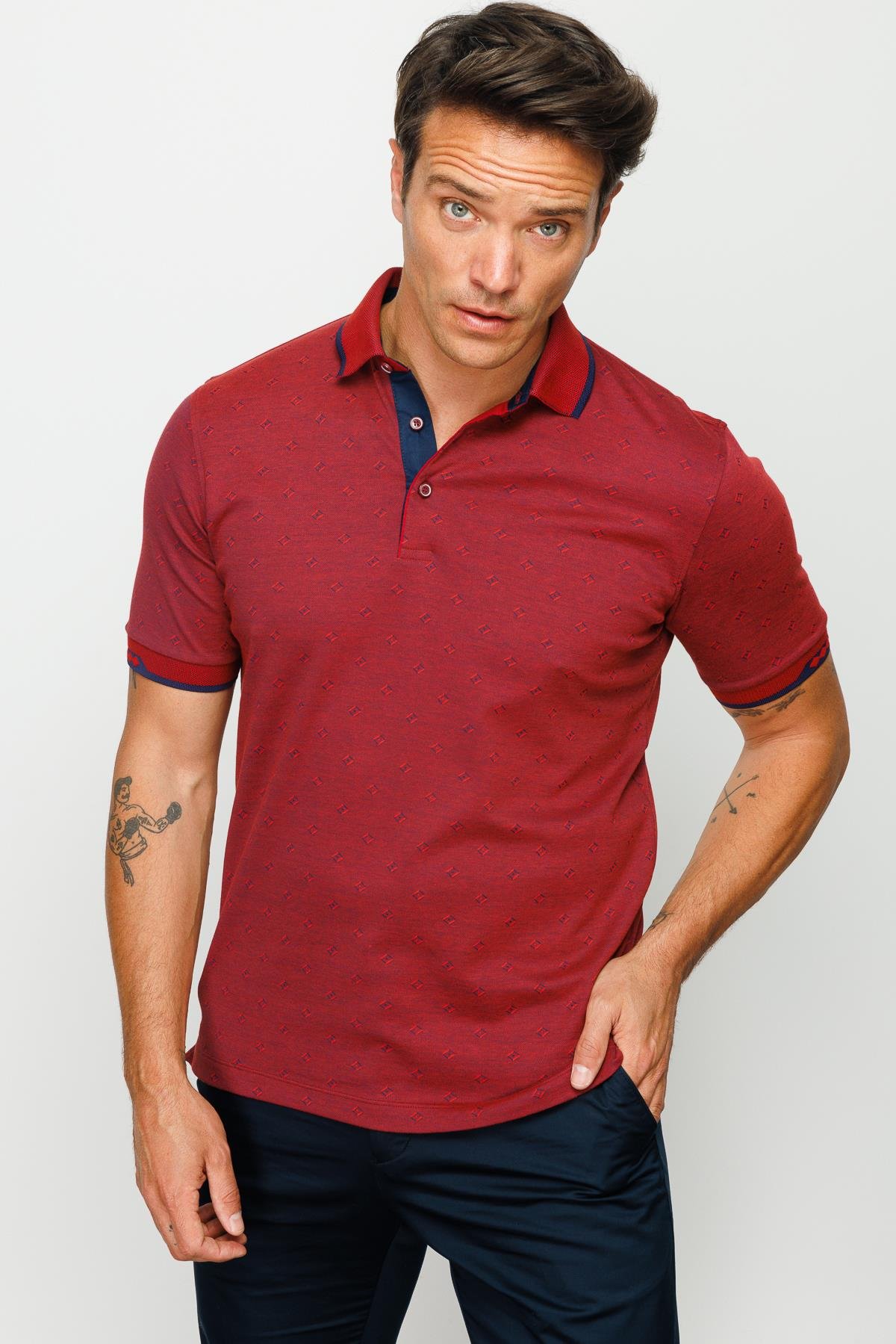 801Erkek Polo Yaka Jakarlı T-shirt Bordo