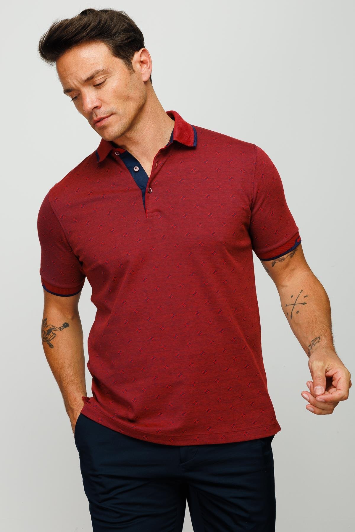 801Erkek Polo Yaka Jakarlı T-shirt Bordo