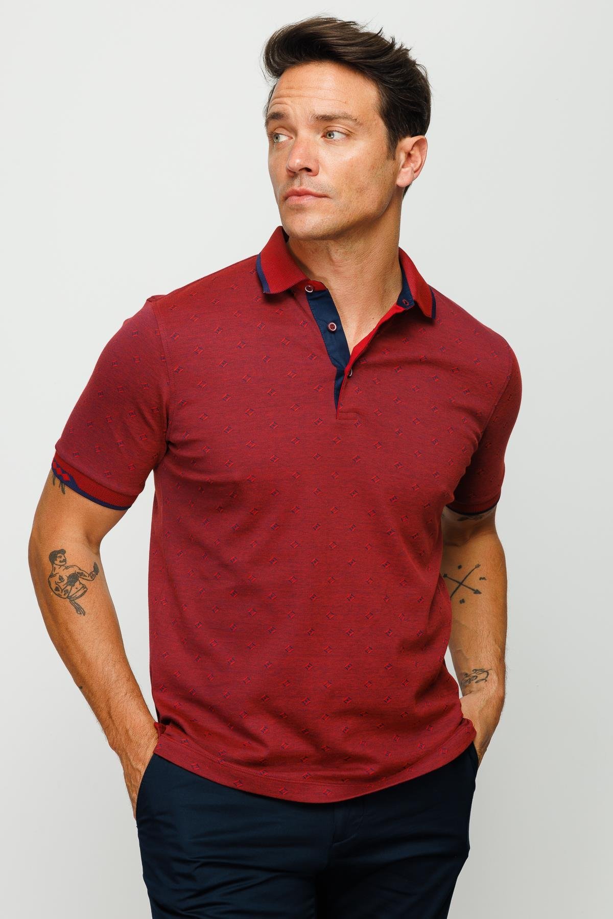 801Erkek Polo Yaka Jakarlı T-shirt Bordo