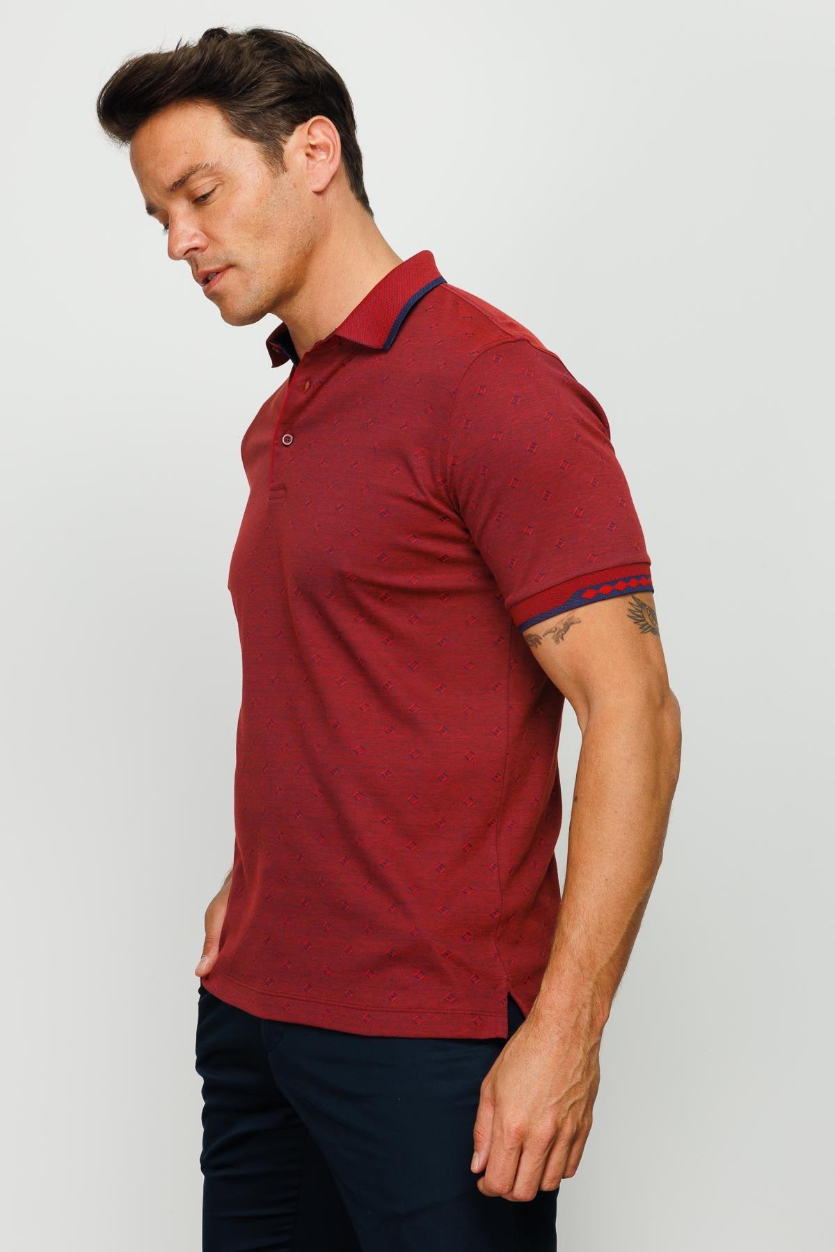 801Erkek Polo Yaka Jakarlı T-shirt Bordo