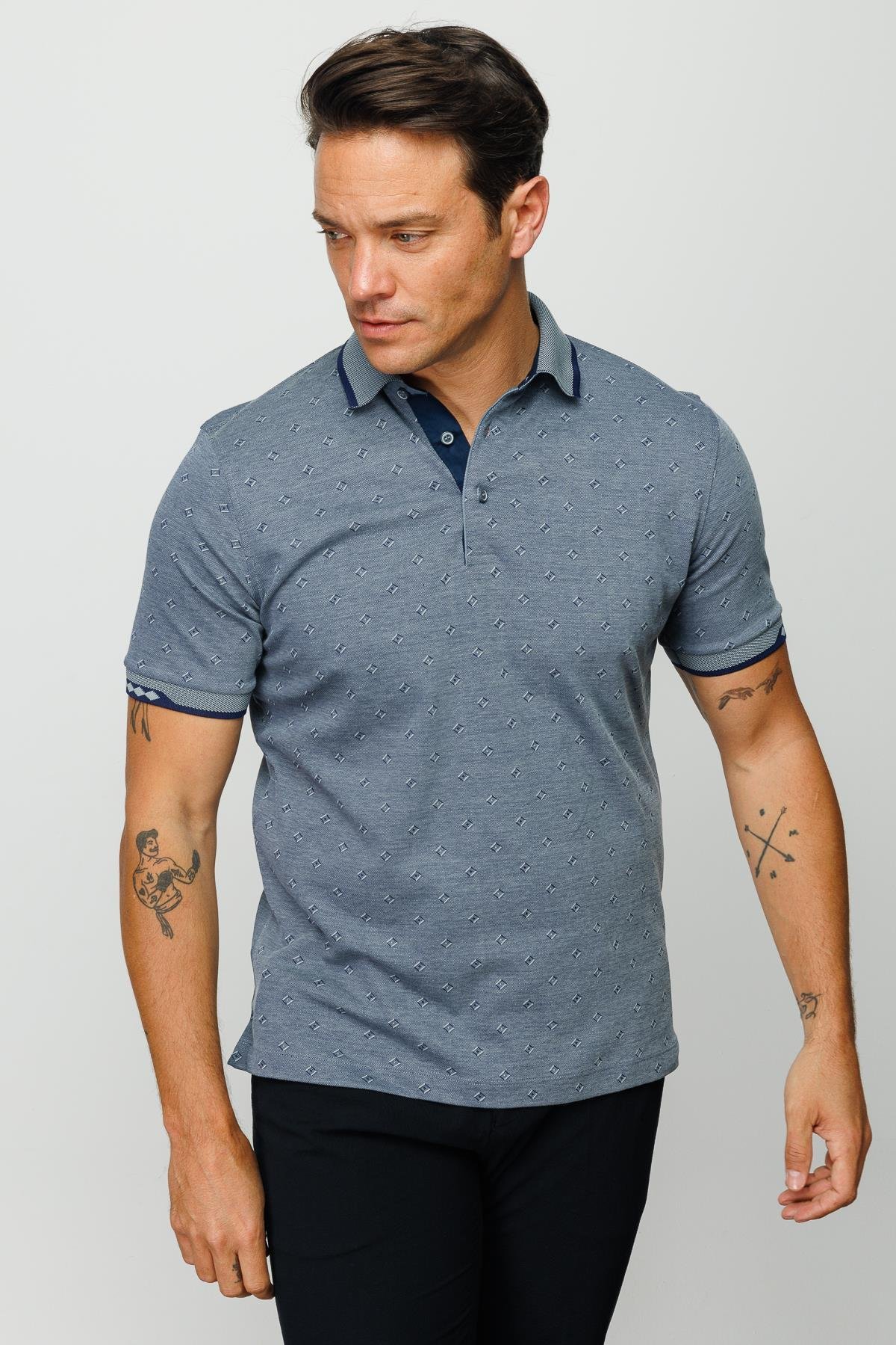 801Erkek Polo Yaka Jakarlı T-shirt Füme