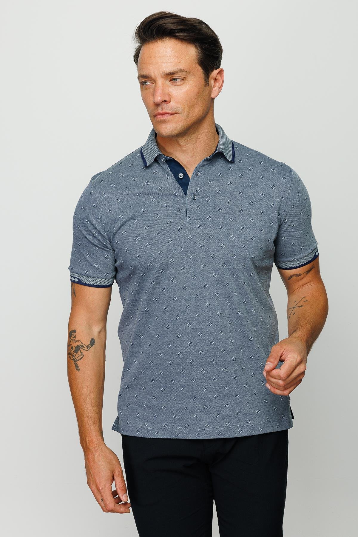 801Erkek Polo Yaka Jakarlı T-shirt Füme