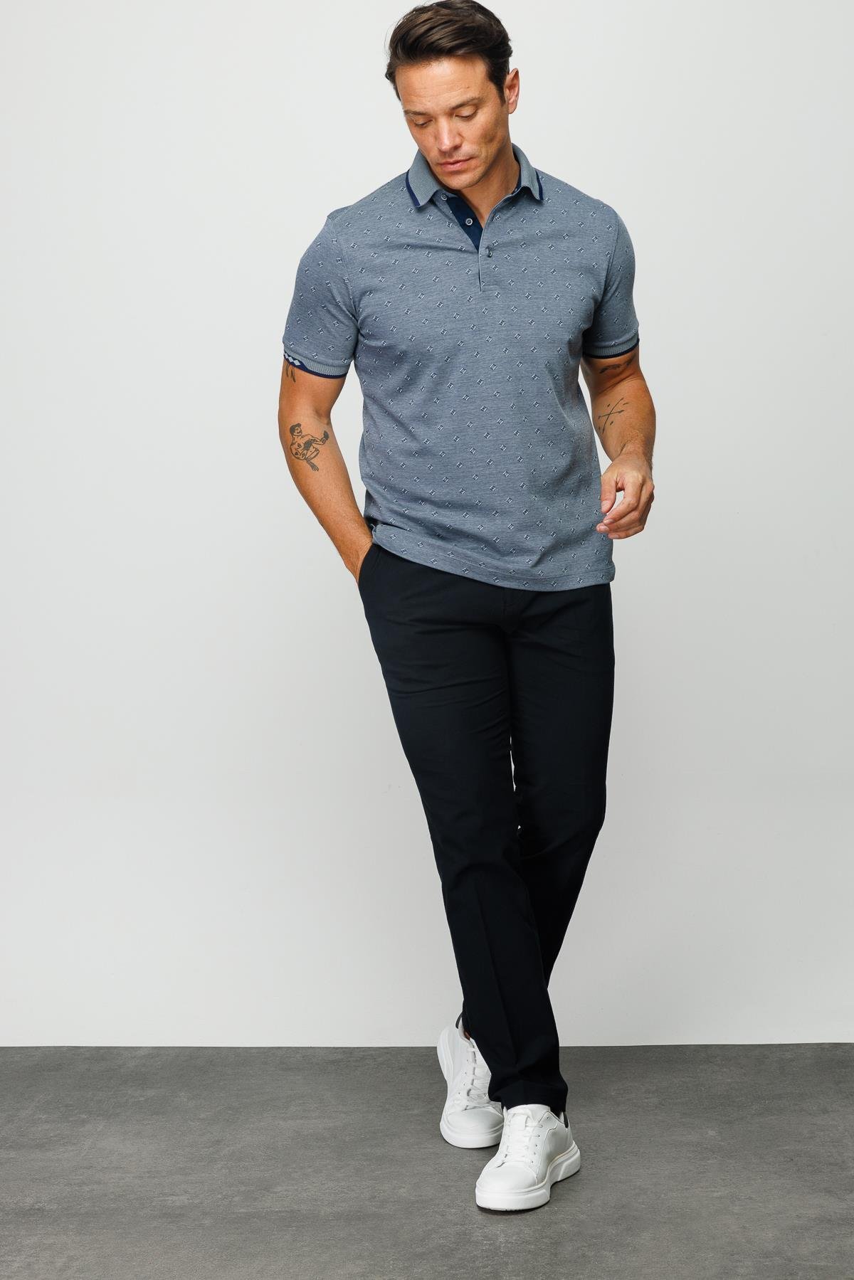 801Erkek Polo Yaka Jakarlı T-shirt Füme