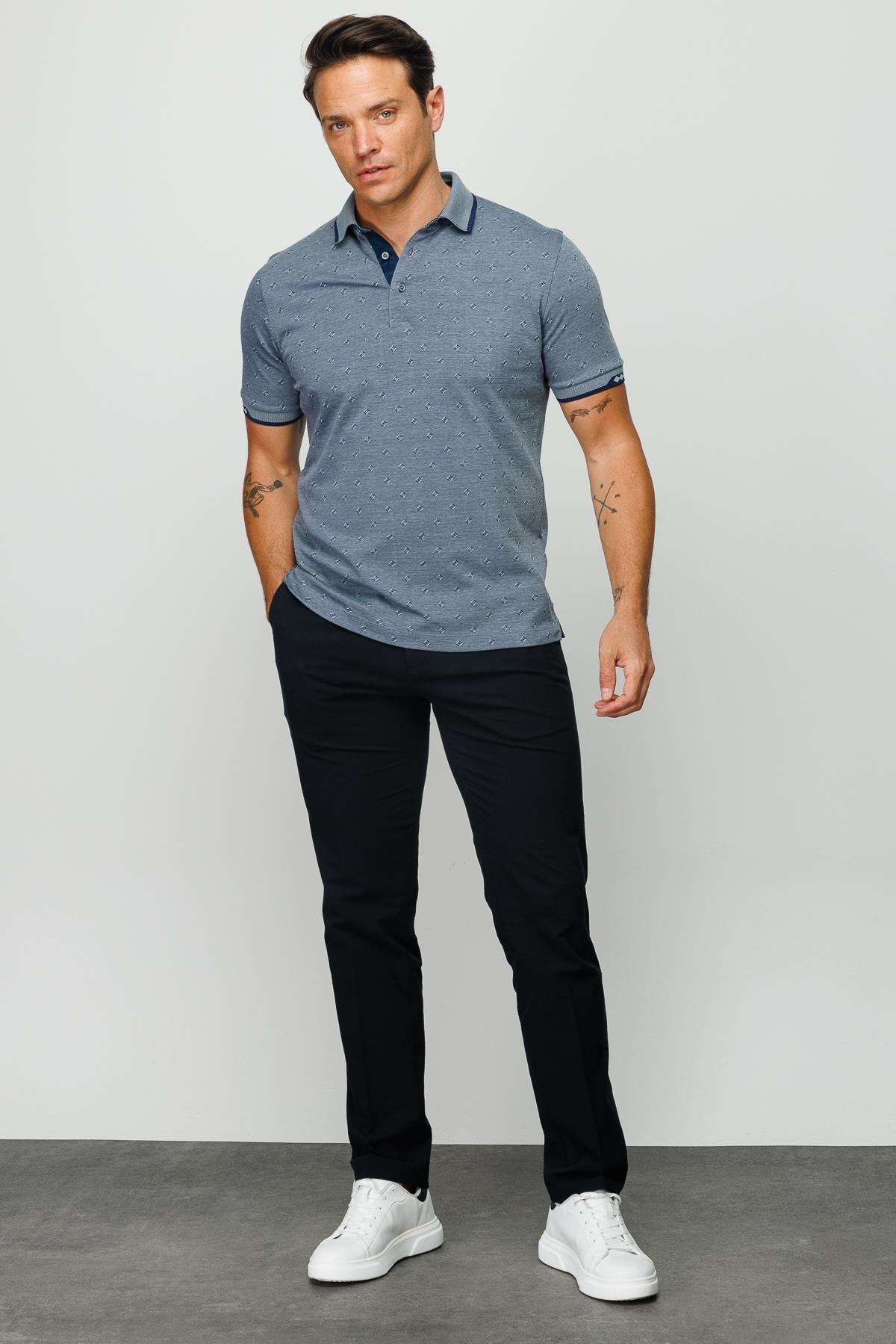 801Erkek Polo Yaka Jakarlı T-shirt Füme