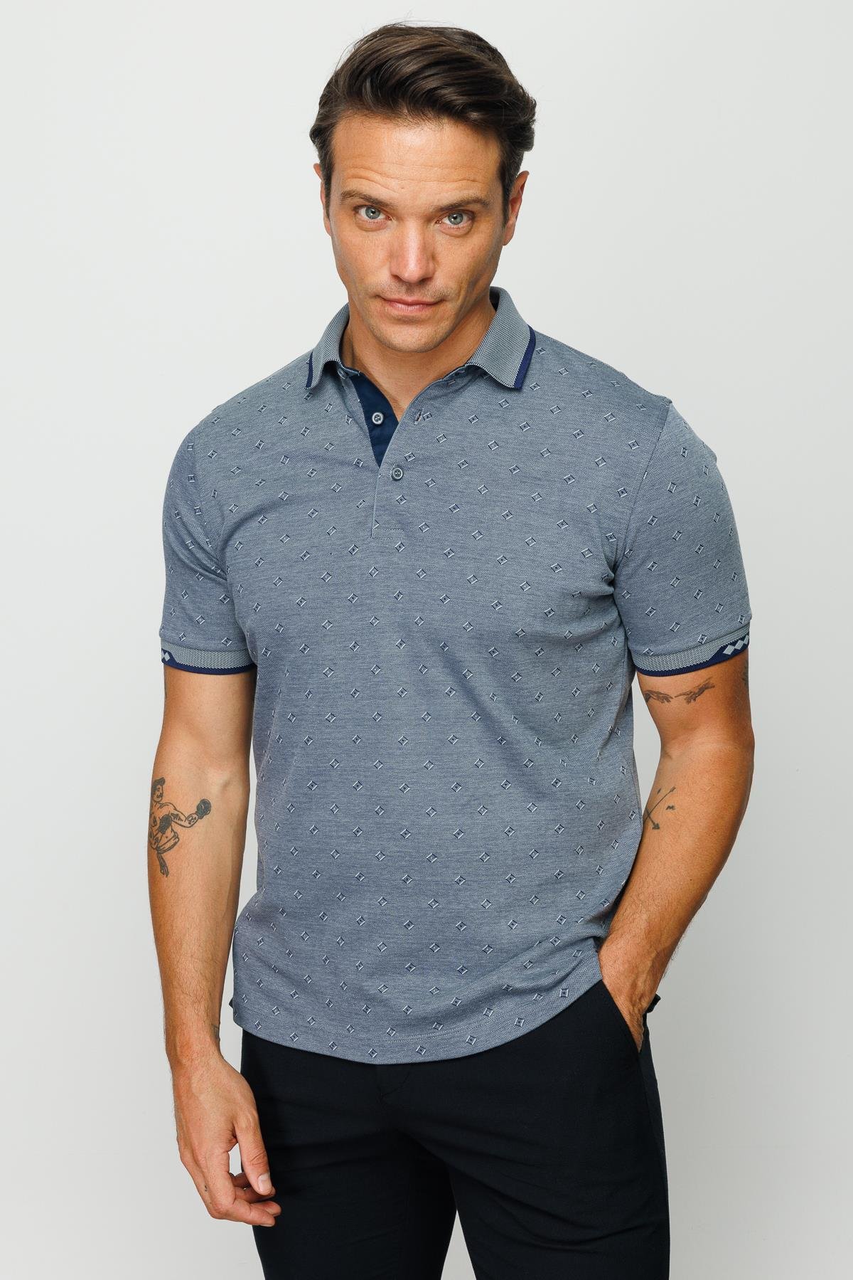 801Erkek Polo Yaka Jakarlı T-shirt Füme