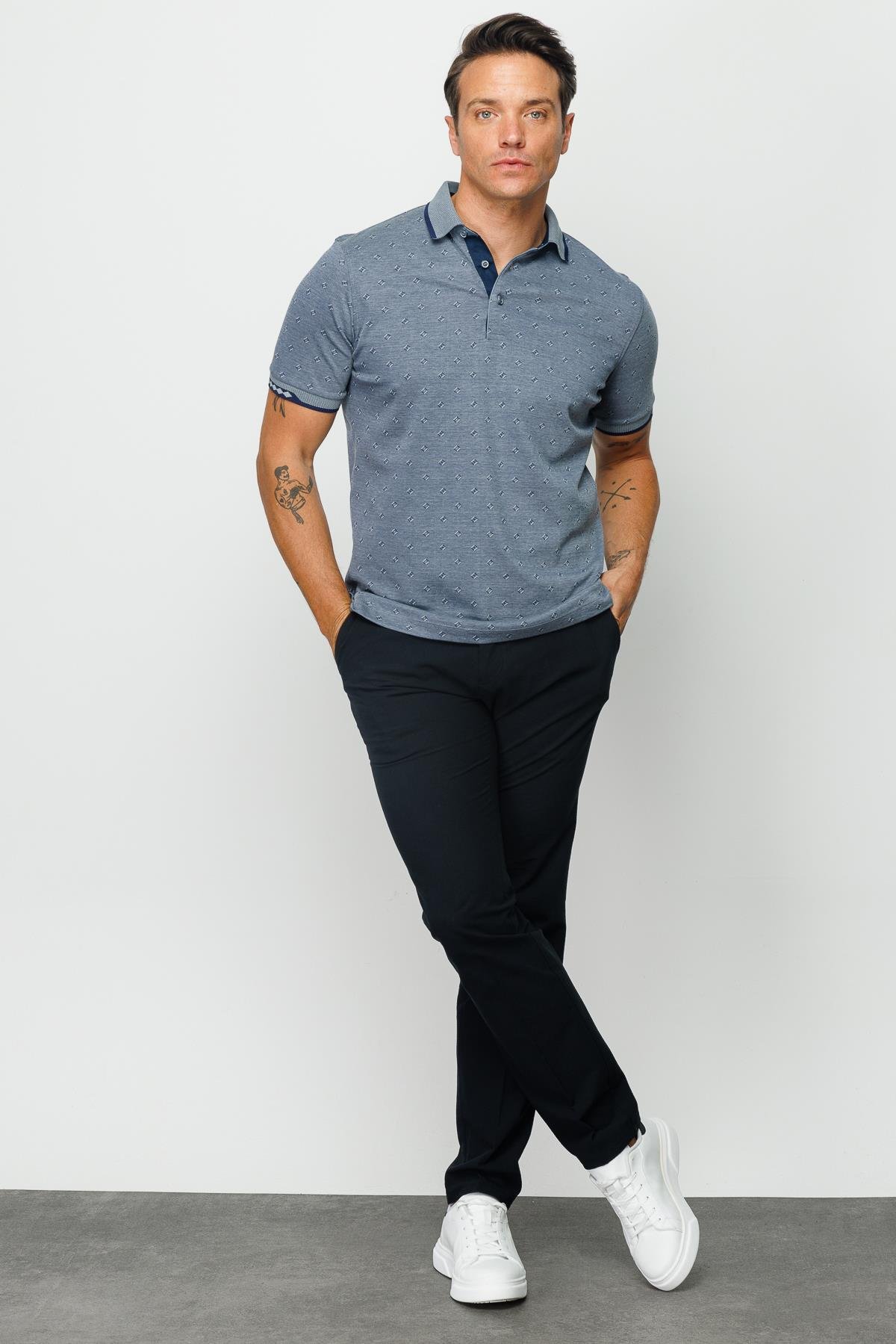 801Erkek Polo Yaka Jakarlı T-shirt Füme