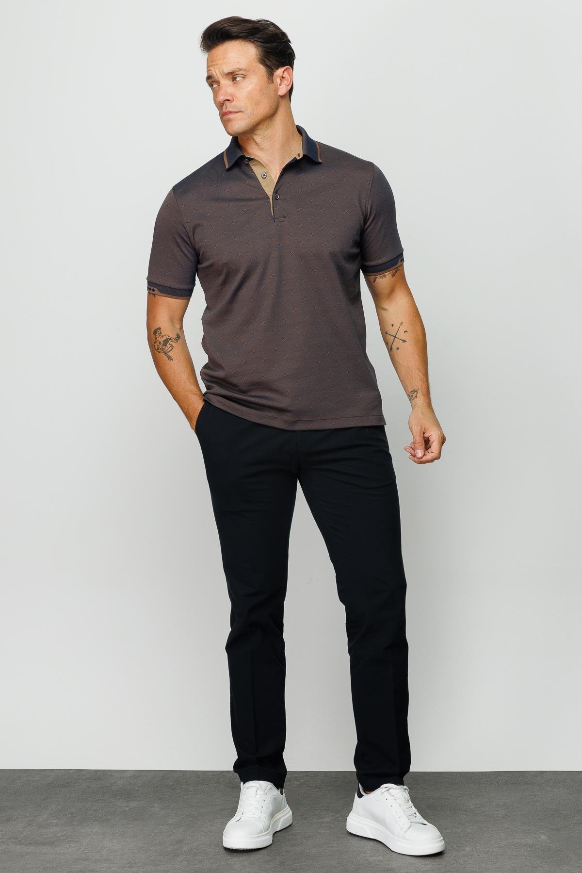 801Erkek Polo Yaka Jakarlı T-shirt Kahve