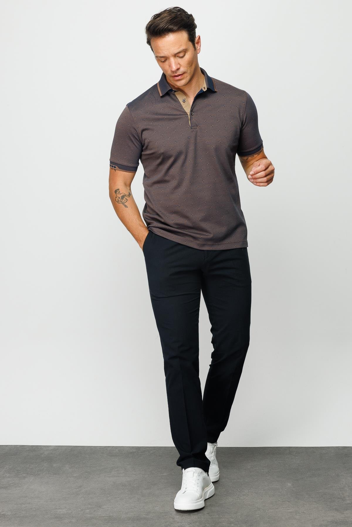 801Erkek Polo Yaka Jakarlı T-shirt Kahve