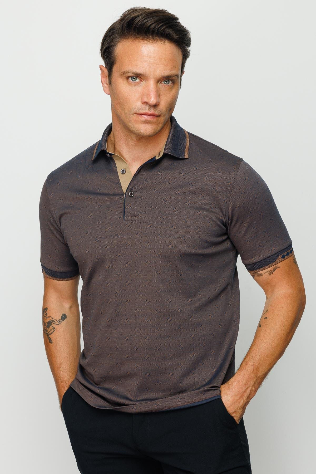 801Erkek Polo Yaka Jakarlı T-shirt Kahve