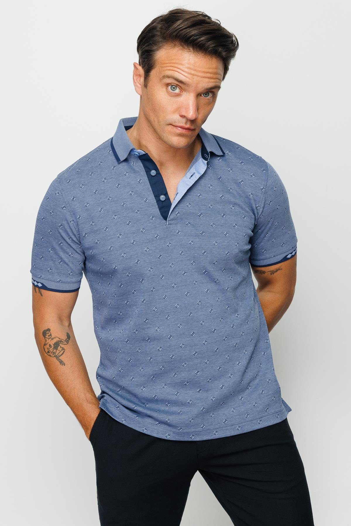 801Erkek Polo Yaka Jakarlı T-shirt Lacivert