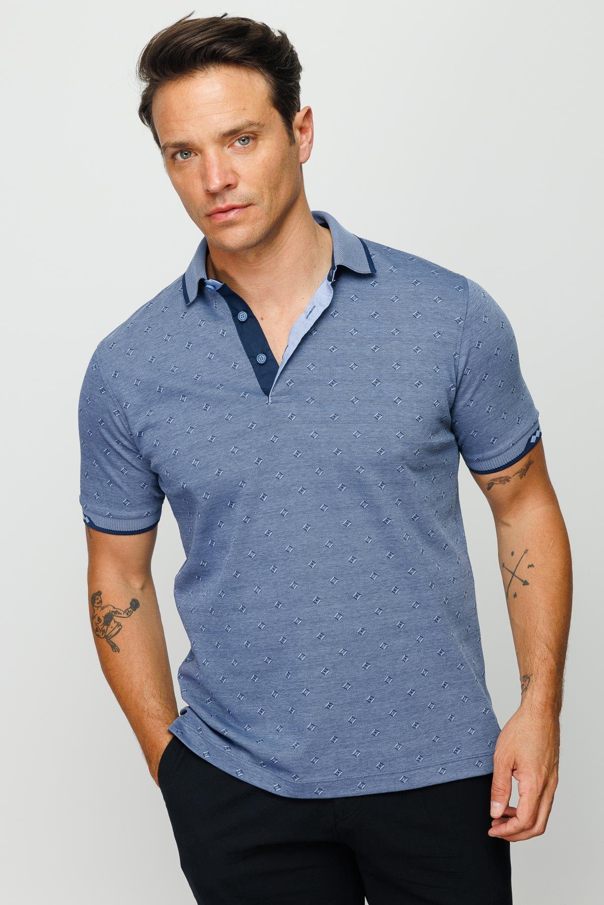 801Erkek Polo Yaka Jakarlı T-shirt Lacivert