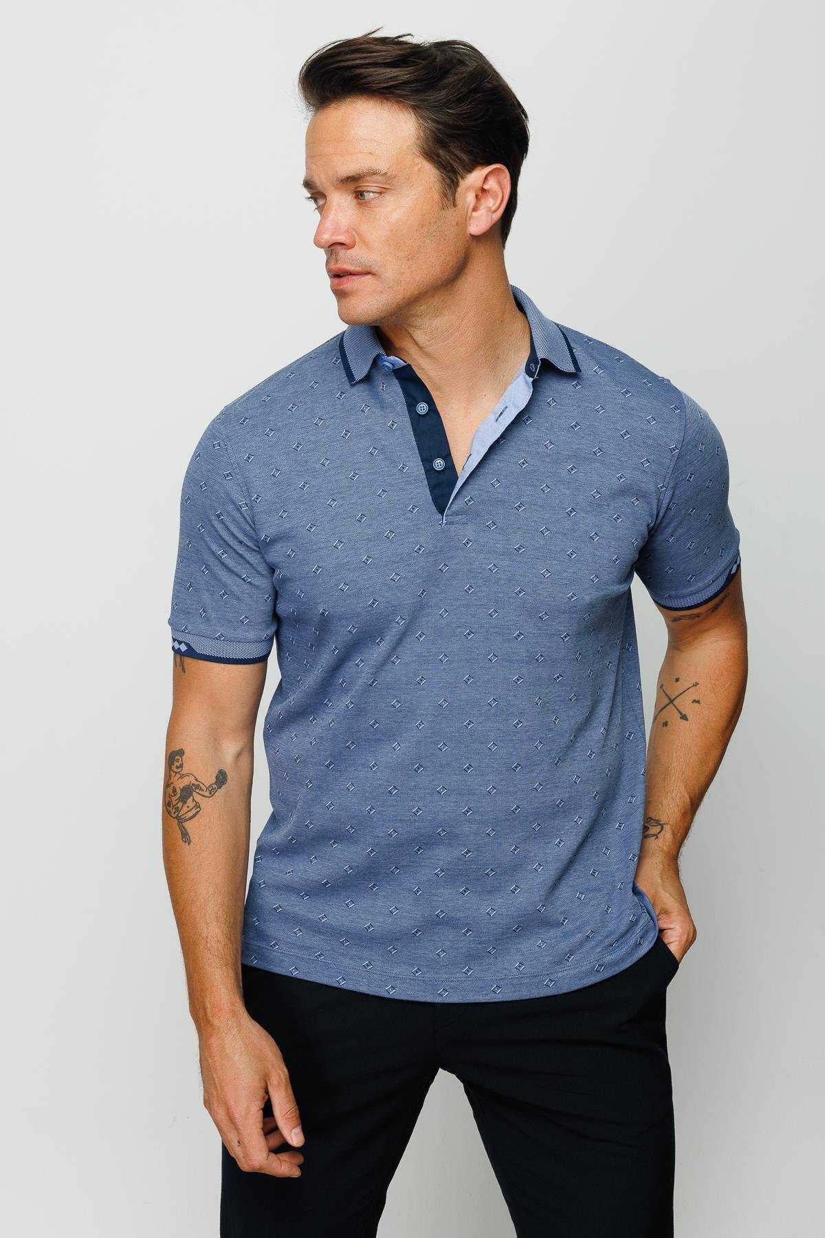 801Erkek Polo Yaka Jakarlı T-shirt Lacivert