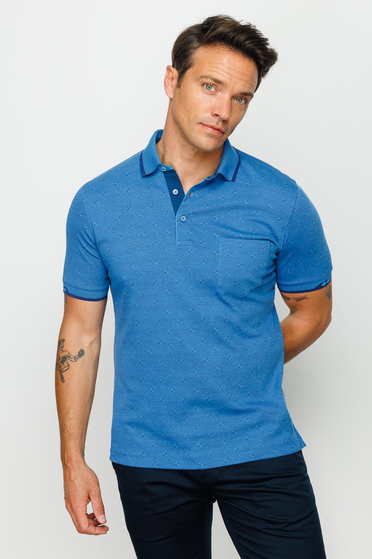 801Erkek Polo Yaka Jakarlı T-shirt Saks