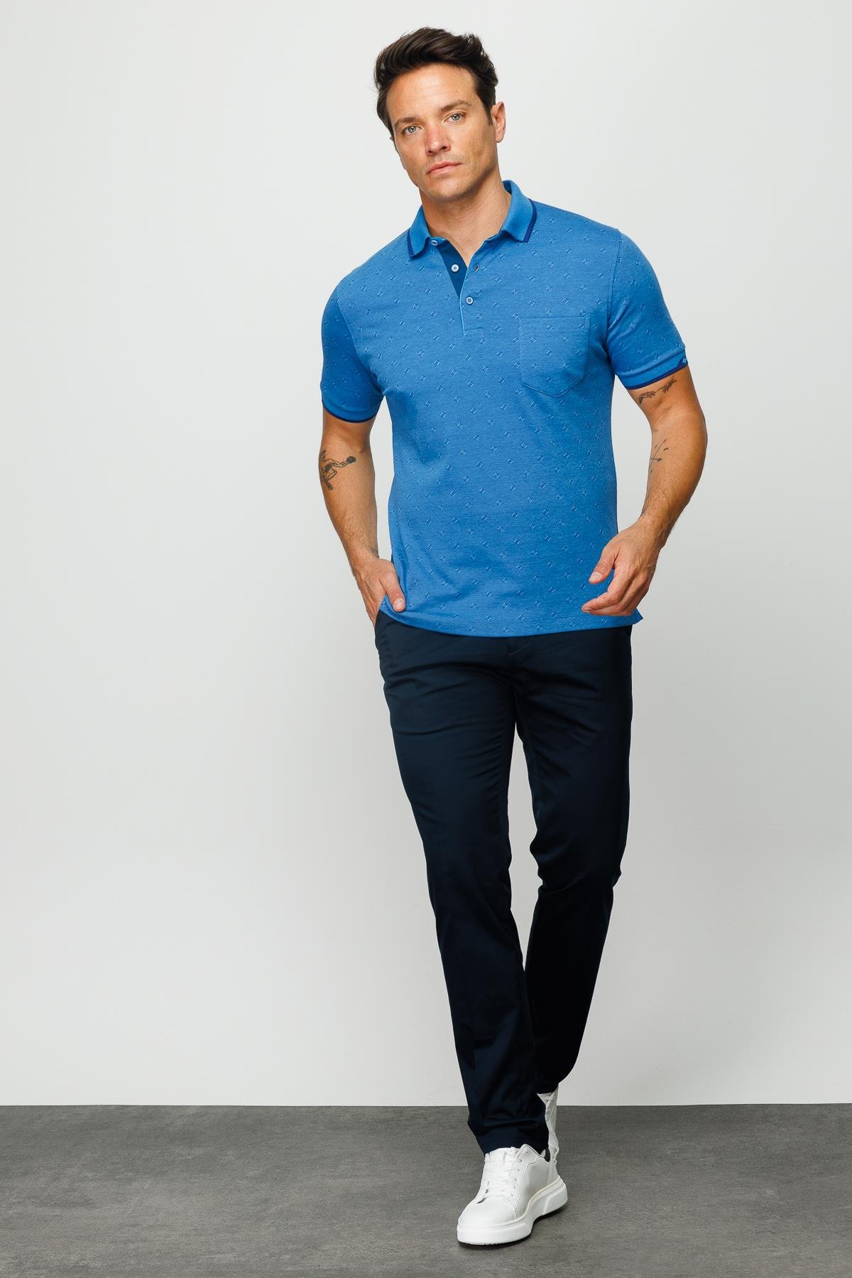 801Erkek Polo Yaka Jakarlı T-shirt Saks