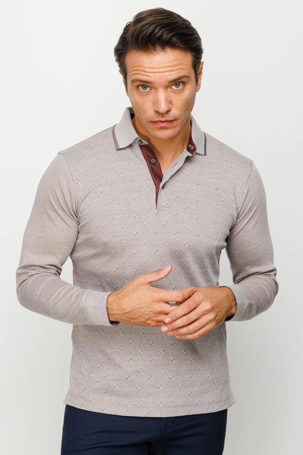 701Erkek Polo Yaka Kare Desenli Uzun Kollu Sweatshirt Bej