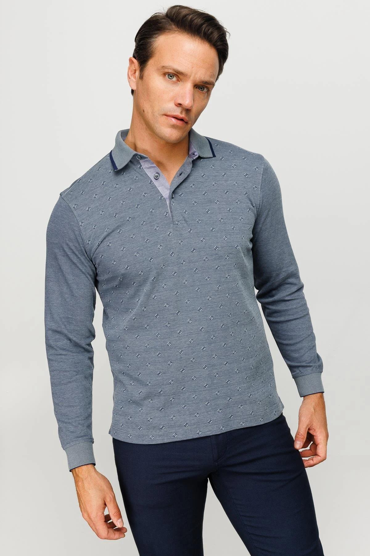 701Erkek Polo Yaka Kare Desenli Uzun Kollu Sweatshirt Füme